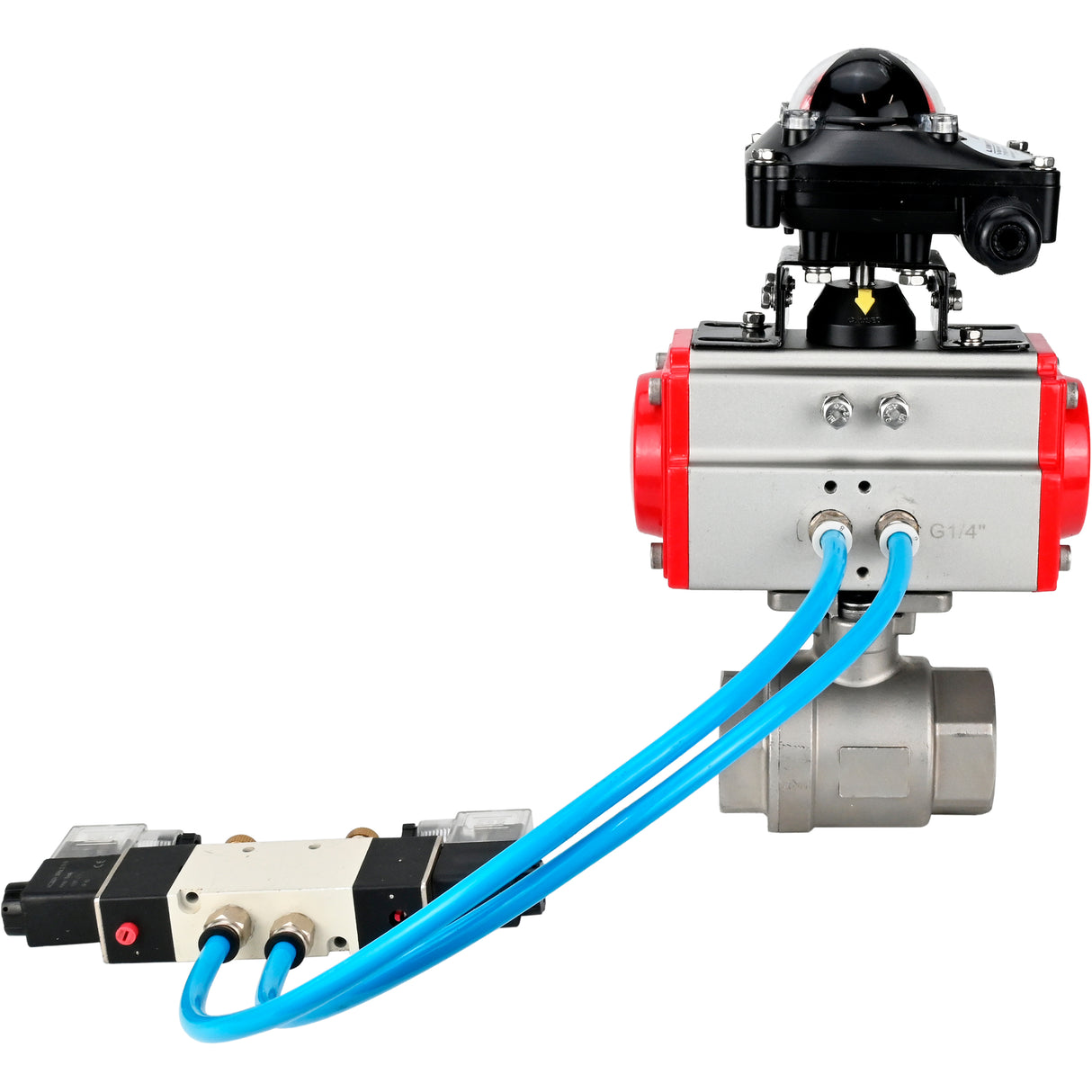 Kugelhähne Elephant BV3232P(2 Stück)-FP-T-ISO-H 16 bar, Vollbohrung Kupplung, Edelstahl SS316, Dichtung - PTFE, mit doppeltwirkendem PA-DA Pneumatikaktuator, mit Pneumatikverteiler 4V320-08 220V, mit LSU APL -210N