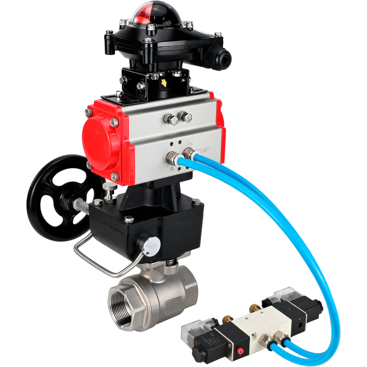 Kugelhähne Elephant BV3232P(2 Stück)-FP-T-ISO-H DN10-50 16 bar, Vollbohrkupplung, Edelstahl SS316, Dichtung - PTFE, mit doppeltwirkendem PA-DA Pneumatik-Antrieb, mit Pneumatikverteiler 4V320-08 220V, mit LSU APL -210N, mit manuellem Doubler MON1-250-T2