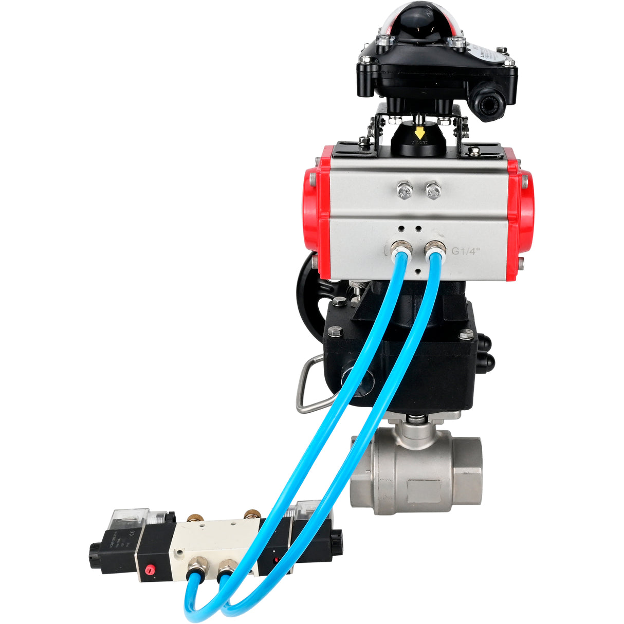 Kugelhähne Elephant BV3232P(2 Stück)-FP-T-ISO-H DN10-50 16 bar, Vollbohrkupplung, Edelstahl SS316, Dichtung - PTFE, mit doppeltwirkendem PA-DA Pneumatik-Antrieb, mit Pneumatikverteiler 4V320-08 220V, mit LSU APL -210N, mit manuellem Doubler MON1-250-T2