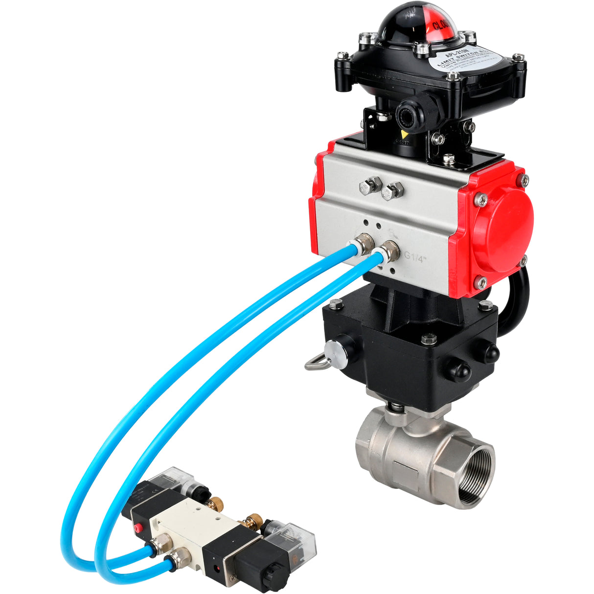 Kugelhähne Elephant BV3232P(2 Stück)-FP-T-ISO-H DN10-50 16 bar, Vollbohrkupplung, Edelstahl SS316, Dichtung - PTFE, mit doppeltwirkendem PA-DA Pneumatik-Antrieb, mit Pneumatikverteiler 4V320-08 220V, mit LSU APL -210N, mit manuellem Doubler MON1-250-T2