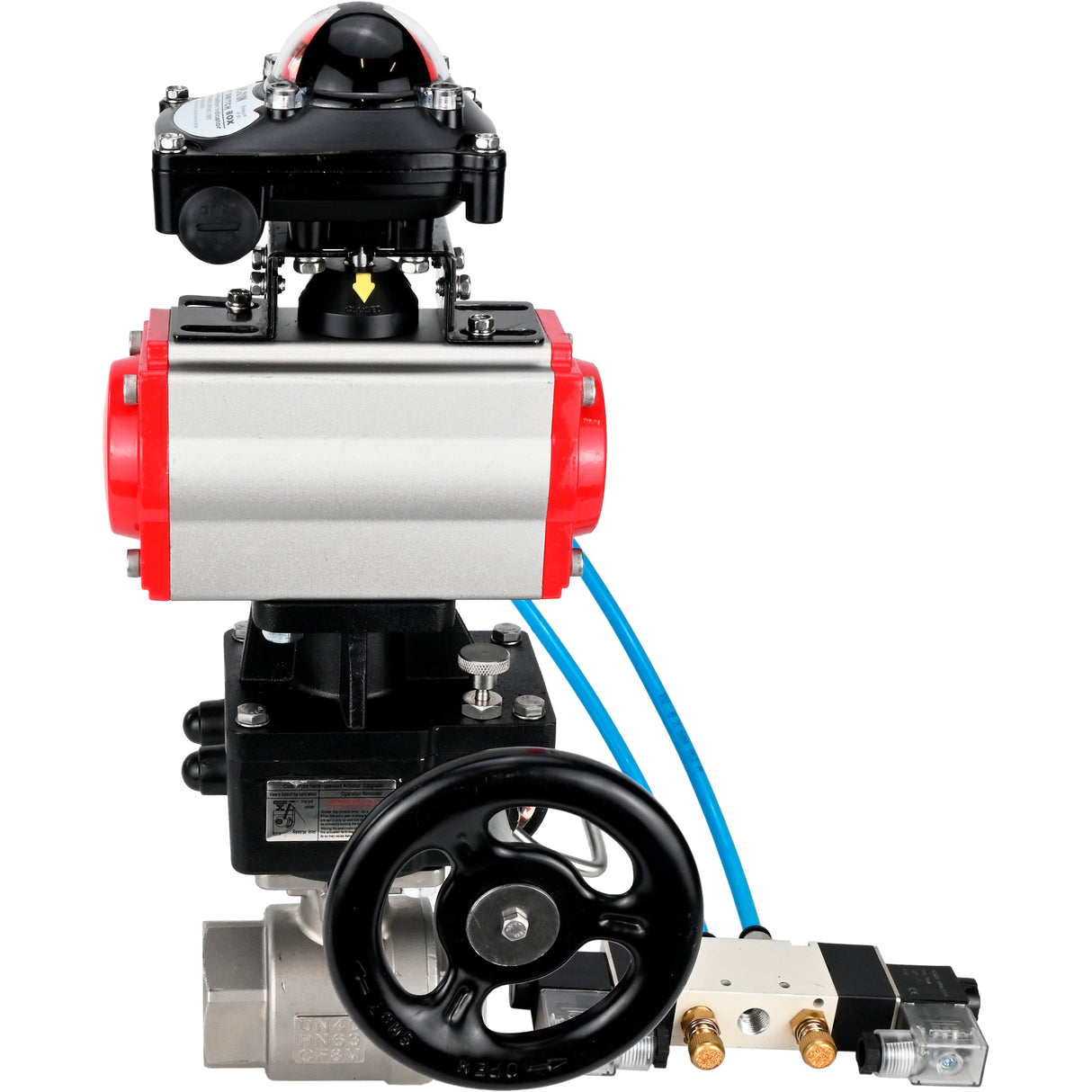 Kugelhähne Elephant BV3232P(2 Stück)-FP-T-ISO-H DN10-50 16 bar, Vollbohrkupplung, Edelstahl SS316, Dichtung - PTFE, mit doppeltwirkendem PA-DA Pneumatik-Antrieb, mit Pneumatikverteiler 4V320-08 220V, mit LSU APL -210N, mit manuellem Doubler MON1-250-T2