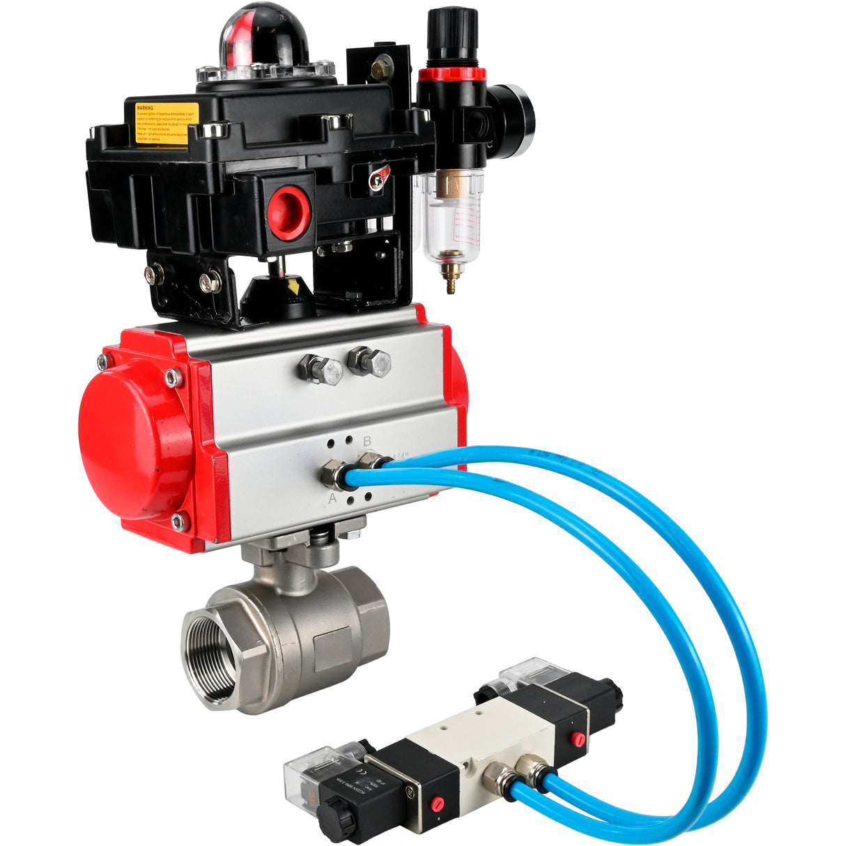 Kugelhähne Elephant BV3232P(2 Stück)-FP-T-ISO-H 16 bar, Vollbohrkupplung, Edelstahl SS316, Dichtung - PTFE, mit doppeltwirkendem PA-DA Pneumatikaktuator, mit Pneumatikverteiler 4V320-10 220V, mit LSU APL -410N EX, mit ATU AFC2000