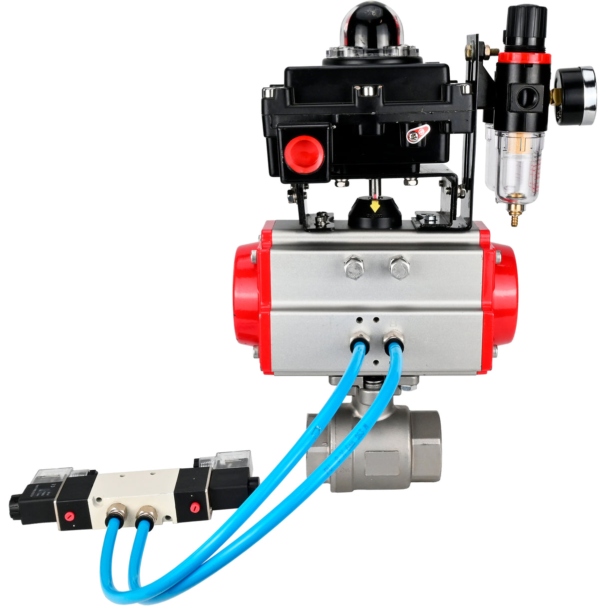Kugelhähne Elephant BV3232P(2 Stück)-FP-T-ISO-H 16 bar, Vollbohrkupplung, Edelstahl SS316, Dichtung - PTFE, mit doppeltwirkendem PA-DA Pneumatikaktuator, mit Pneumatikverteiler 4V320-10 220V, mit LSU APL -410N EX, mit ATU AFC2000