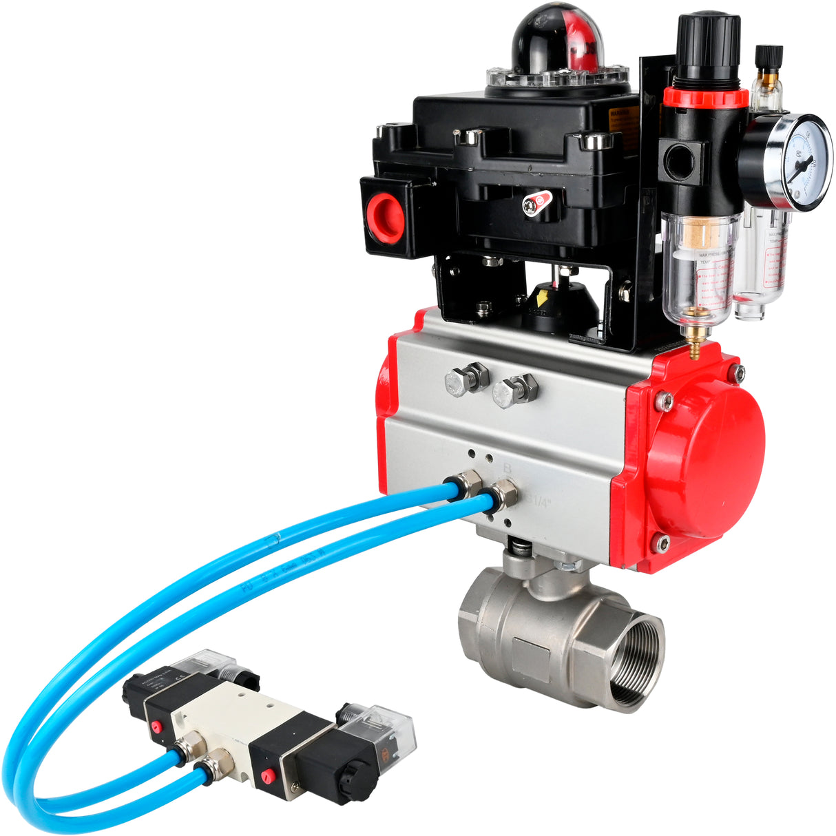 Kugelhähne Elephant BV3232P(2 Stück)-FP-T-ISO-H 16 bar, Vollbohrkupplung, Edelstahl SS316, Dichtung - PTFE, mit doppeltwirkendem PA-DA Pneumatikaktuator, mit Pneumatikverteiler 4V320-10 220V, mit LSU APL -410N EX, mit ATU AFC2000
