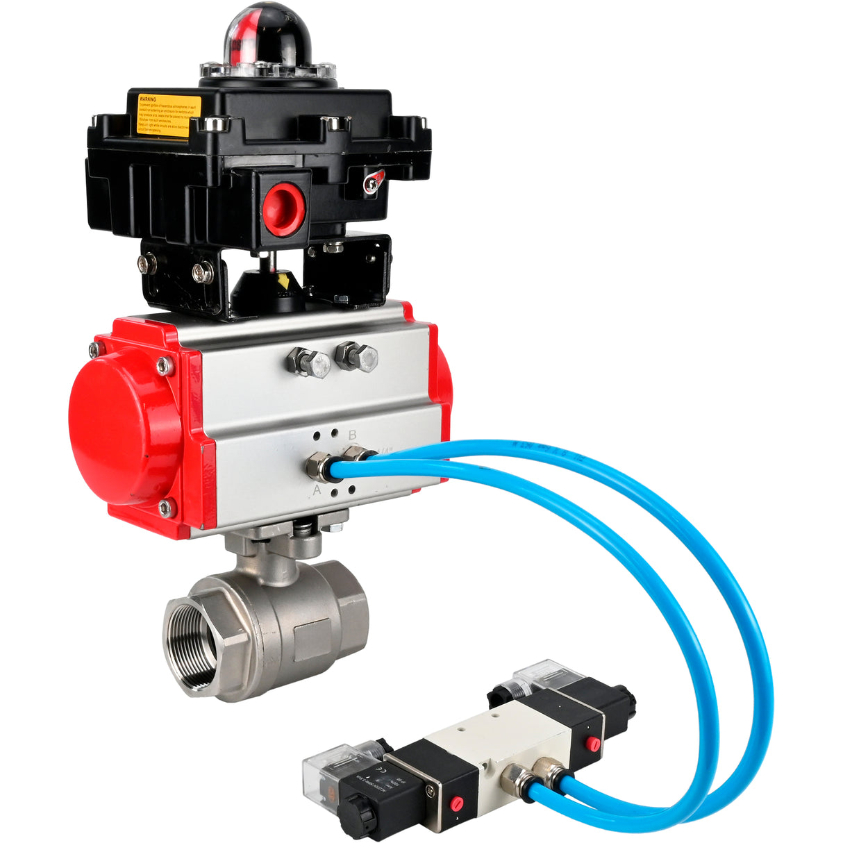 Kugelhähne Elephant BV3232P(2 Stück)-FP-T-ISO-H 16 bar, Vollbohrkupplung, Edelstahl SS316, Dichtung - PTFE, mit doppeltwirkendem PA-DA Pneumatikaktuator, mit Pneumatikverteiler 4V320-08 220V, mit LSU APL -410N EX