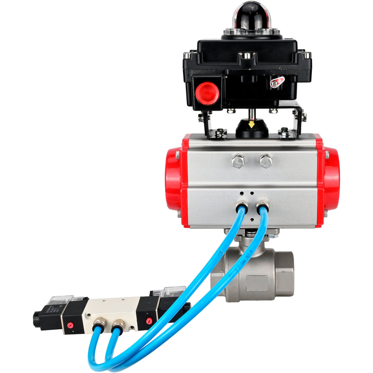 Kugelhähne Elephant BV3232P(2 Stück)-FP-T-ISO-H 16 bar, Vollbohrkupplung, Edelstahl SS316, Dichtung - PTFE, mit doppeltwirkendem PA-DA Pneumatikaktuator, mit Pneumatikverteiler 4V320-08 220V, mit LSU APL -410N EX