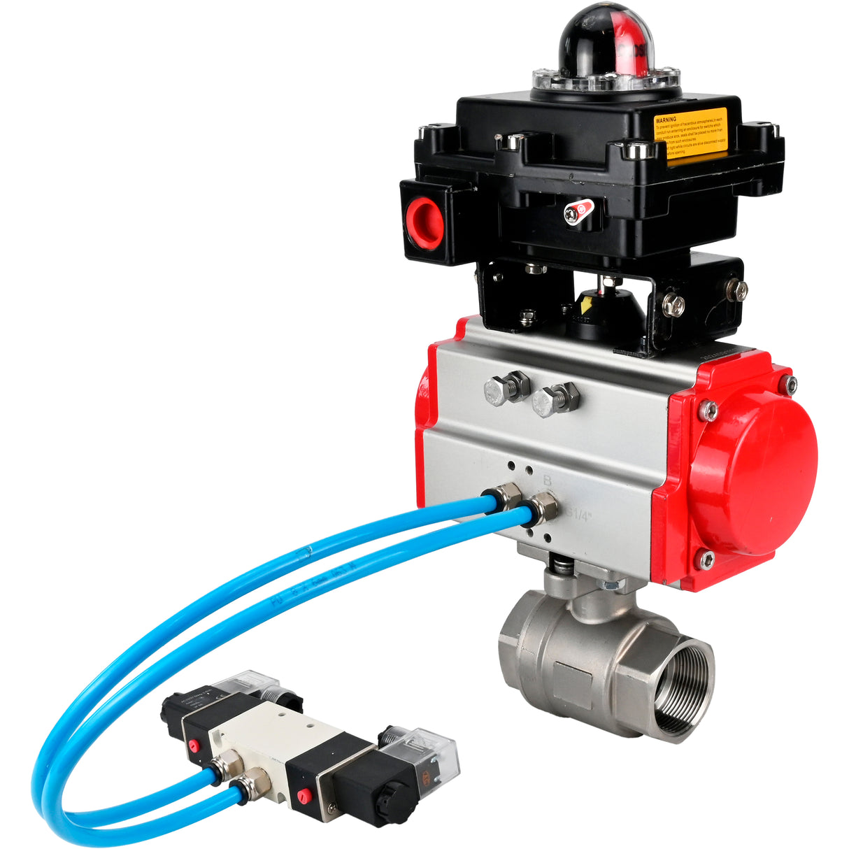 Kugelhähne Elephant BV3232P(2 Stück)-FP-T-ISO-H 16 bar, Vollbohrkupplung, Edelstahl SS316, Dichtung - PTFE, mit doppeltwirkendem PA-DA Pneumatikaktuator, mit Pneumatikverteiler 4V320-08 220V, mit LSU APL -410N EX