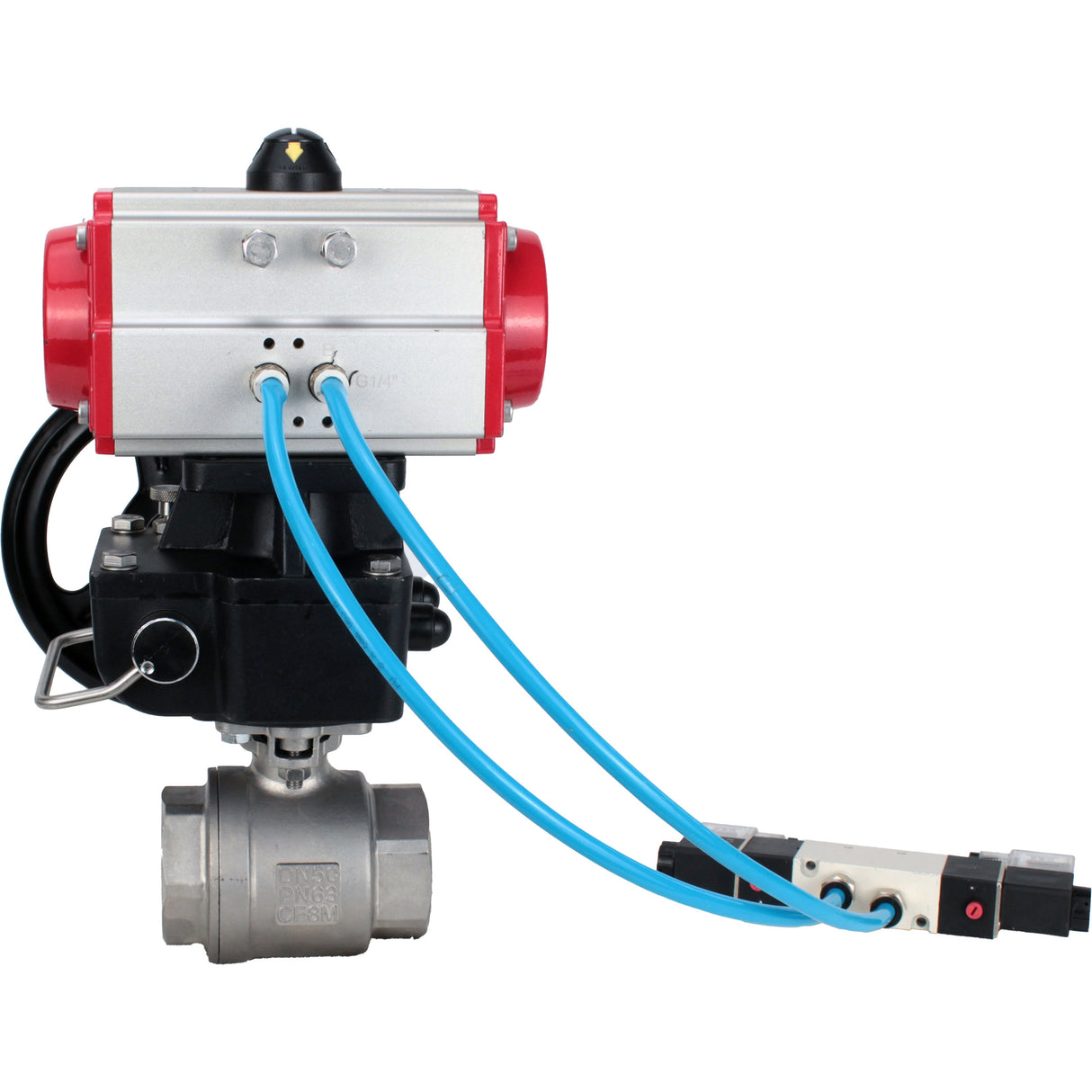 Kugelhähne Elephant BV3232P(2 Stück)-FP-T-ISO-H DN10-50 16 bar, Vollbohrung Kupplung, Edelstahl SS316, Dichtung - PTFE, mit doppeltwirkendem PA-DA Pneumatik-Antrieb, mit Pneumatikverteiler 4V320-08 220V, mit manuellem DNbler MON1-250-T26-ISO