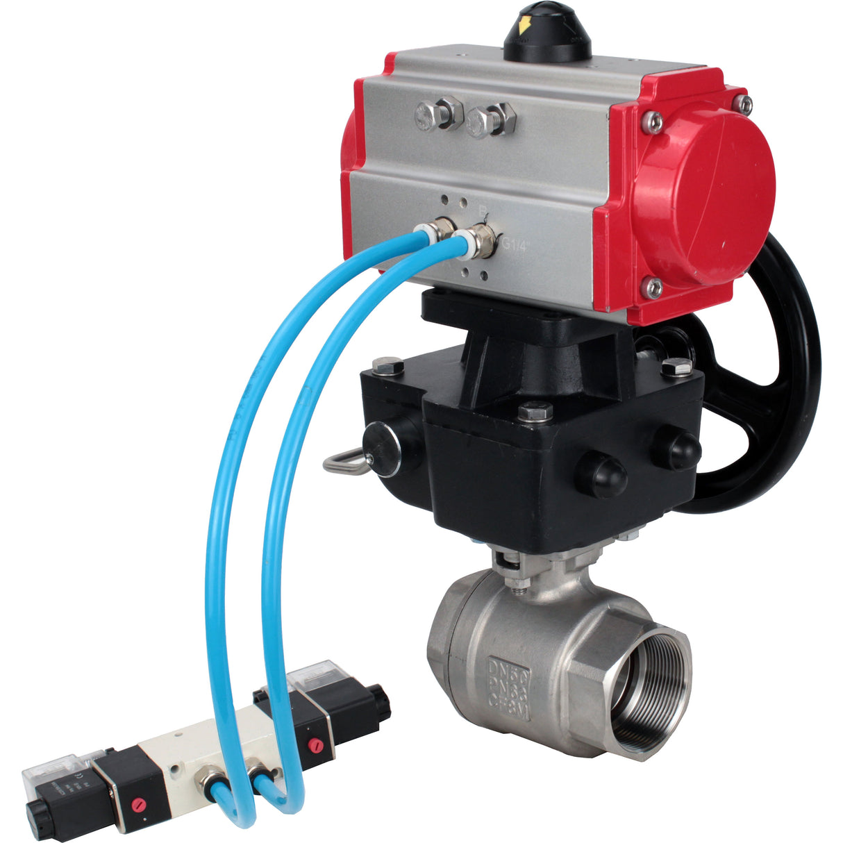 Kugelhähne Elephant BV3232P(2 Stück)-FP-T-ISO-H DN10-50 16 bar, Vollbohrung Kupplung, Edelstahl SS316, Dichtung - PTFE, mit doppeltwirkendem PA-DA Pneumatik-Antrieb, mit Pneumatikverteiler 4V320-08 220V, mit manuellem DNbler MON1-250-T26-ISO