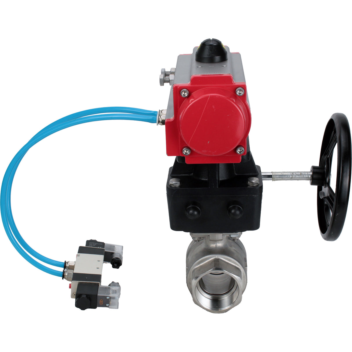 Kugelhähne Elephant BV3232P(2 Stück)-FP-T-ISO-H DN10-50 16 bar, Vollbohrung Kupplung, Edelstahl SS316, Dichtung - PTFE, mit doppeltwirkendem PA-DA Pneumatik-Antrieb, mit Pneumatikverteiler 4V320-08 220V, mit manuellem DNbler MON1-250-T26-ISO