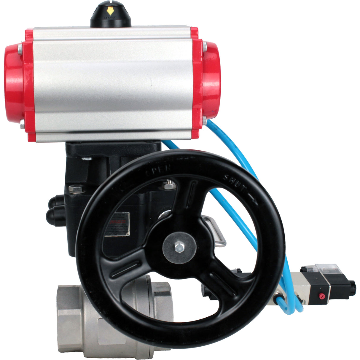 Kugelhähne Elephant BV3232P(2 Stück)-FP-T-ISO-H DN10-50 16 bar, Vollbohrung Kupplung, Edelstahl SS316, Dichtung - PTFE, mit doppeltwirkendem PA-DA Pneumatik-Antrieb, mit Pneumatikverteiler 4V320-08 220V, mit manuellem DNbler MON1-250-T26-ISO