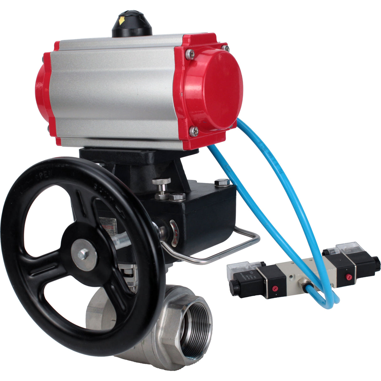 Kugelhähne Elephant BV3232P(2 Stück)-FP-T-ISO-H DN10-50 16 bar, Vollbohrung Kupplung, Edelstahl SS316, Dichtung - PTFE, mit doppeltwirkendem PA-DA Pneumatik-Antrieb, mit Pneumatikverteiler 4V320-08 220V, mit manuellem DNbler MON1-250-T26-ISO