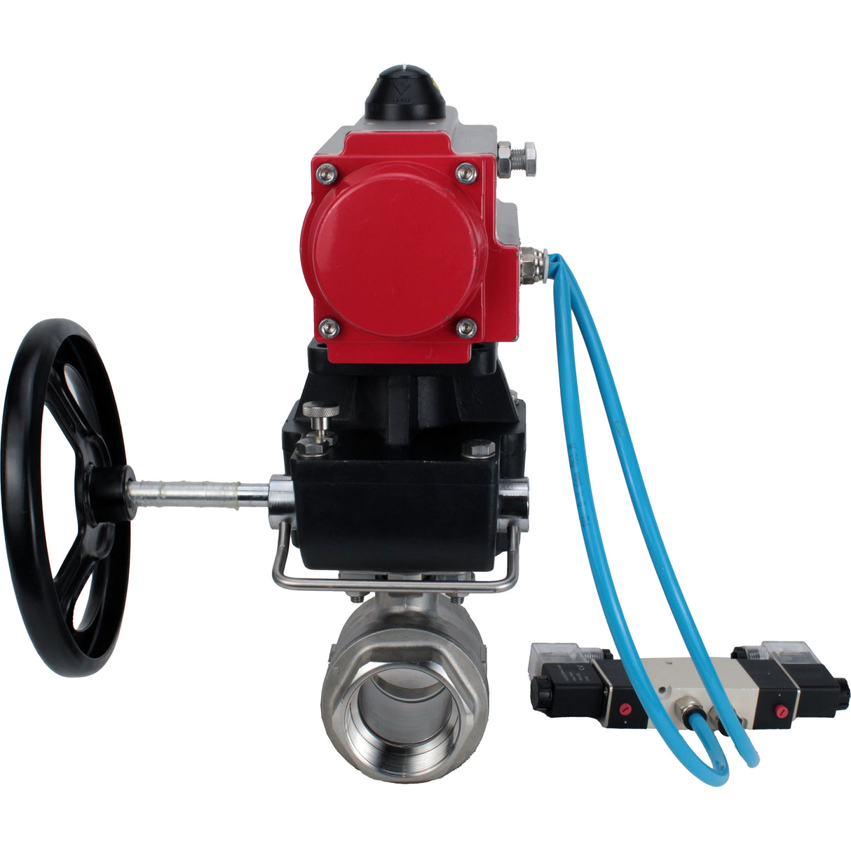 Kugelhähne Elephant BV3232P(2 Stück)-FP-T-ISO-H DN10-50 16 bar, Vollbohrung Kupplung, Edelstahl SS316, Dichtung - PTFE, mit doppeltwirkendem PA-DA Pneumatik-Antrieb, mit Pneumatikverteiler 4V320-08 220V, mit manuellem DNbler MON1-250-T26-ISO