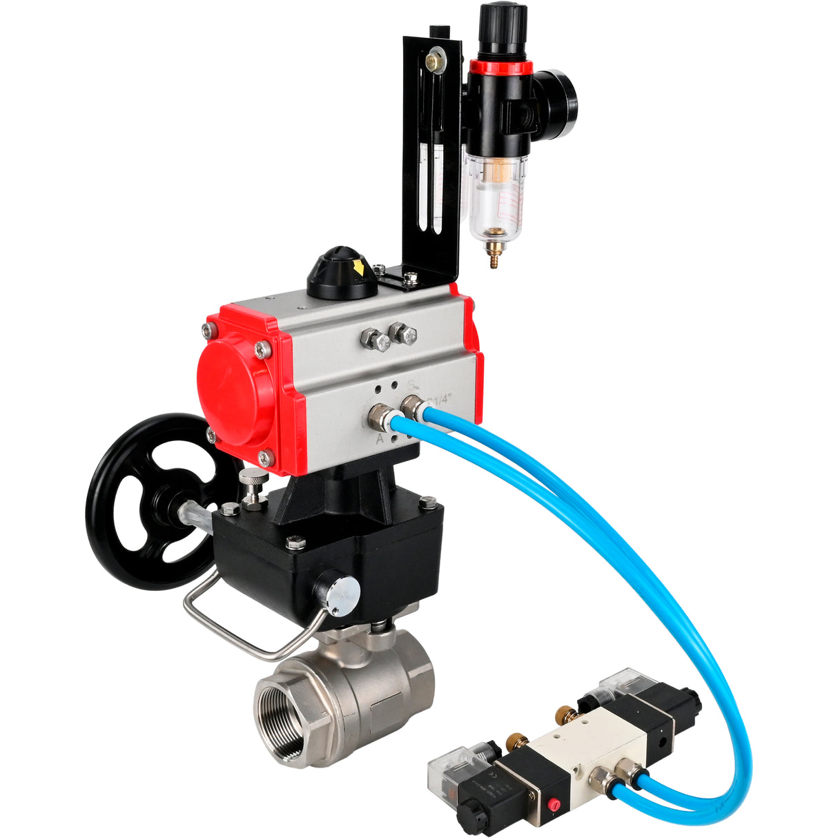 Kugelhähne Elephant BV3232P(2 Stück)-FP-T-ISO-H DN10-50 16 bar, Vollbohrkupplung, Edelstahl SS316, Dichtung - PTFE, mit doppeltwirkendem PA-DA Pneumatikaktuator, mit Pneumatikverteiler 4V320-08 220V, mit manuellem DNbler MON1-250-T26-ISO, mit ATU AFC20
