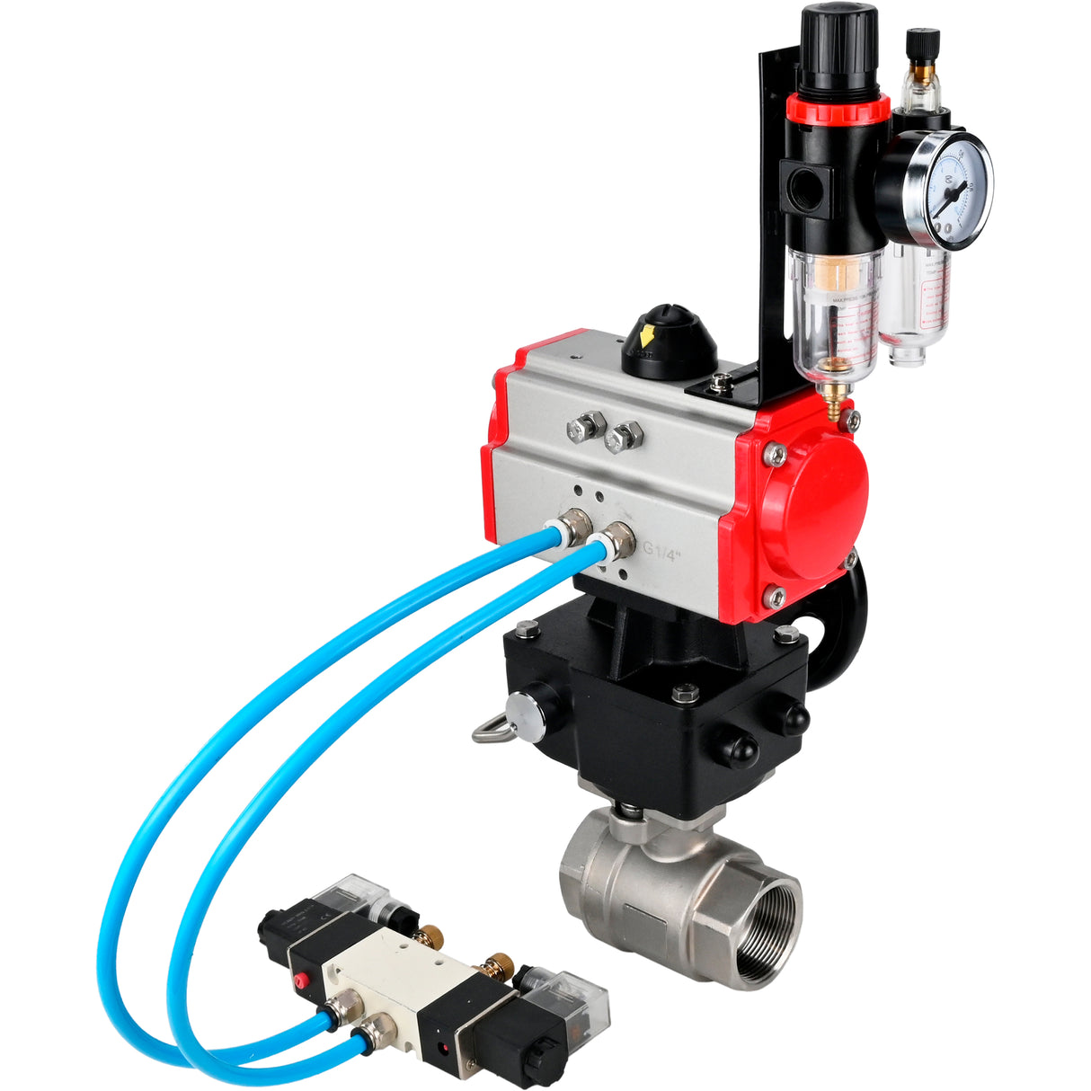 Kugelhähne Elephant BV3232P(2 Stück)-FP-T-ISO-H DN10-50 16 bar, Vollbohrkupplung, Edelstahl SS316, Dichtung - PTFE, mit doppeltwirkendem PA-DA Pneumatikaktuator, mit Pneumatikverteiler 4V320-08 220V, mit manuellem DNbler MON1-250-T26-ISO, mit ATU AFC20