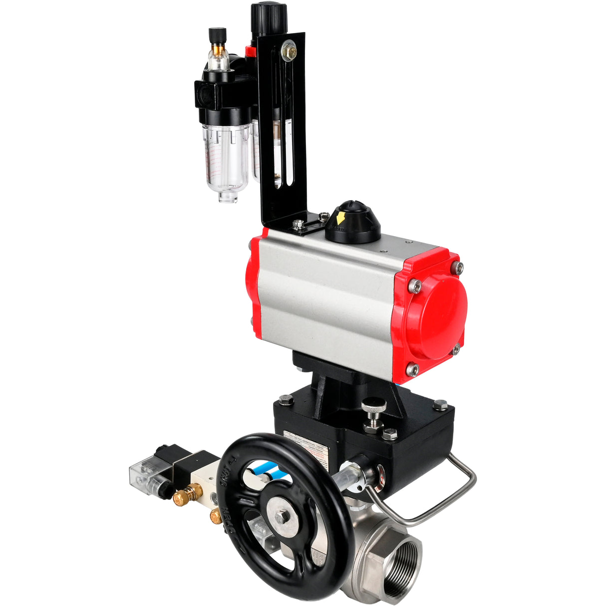 Kugelhähne Elephant BV3232P(2 Stück)-FP-T-ISO-H DN10-50 16 bar, Vollbohrkupplung, Edelstahl SS316, Dichtung - PTFE, mit doppeltwirkendem PA-DA Pneumatikaktuator, mit Pneumatikverteiler 4V320-08 220V, mit manuellem DNbler MON1-250-T26-ISO, mit ATU AFC20