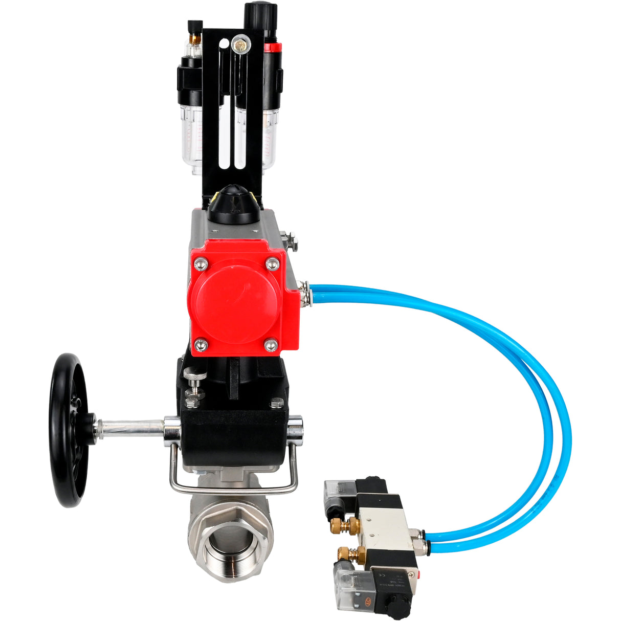 Kugelhähne Elephant BV3232P(2 Stück)-FP-T-ISO-H DN10-50 16 bar, Vollbohrkupplung, Edelstahl SS316, Dichtung - PTFE, mit doppeltwirkendem PA-DA Pneumatikaktuator, mit Pneumatikverteiler 4V320-08 220V, mit manuellem DNbler MON1-250-T26-ISO, mit ATU AFC20