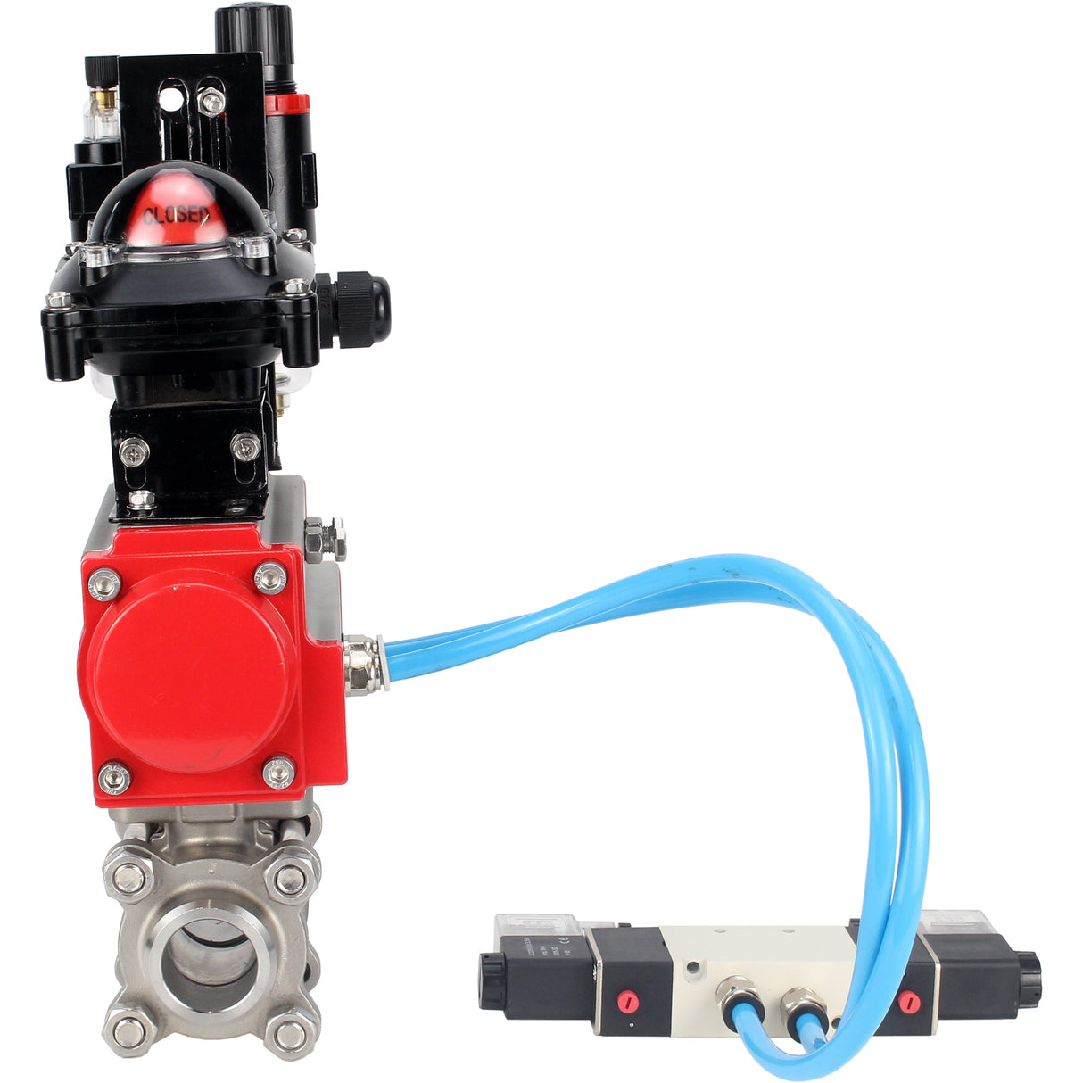 Kugelhähne Elephant BV3232P(3pc)-FP-W-ISO-H 16 bar/25, Vollbohrung zum Schweißen, Edelstahl SS316, Dichtung - PTFE, mit doppeltwirkendem PA-DA Pneumatik-Antrieb, mit Pneumatikverteiler 4V320-10 220V, mit LSU APL-210N, mit ATU AFC2000