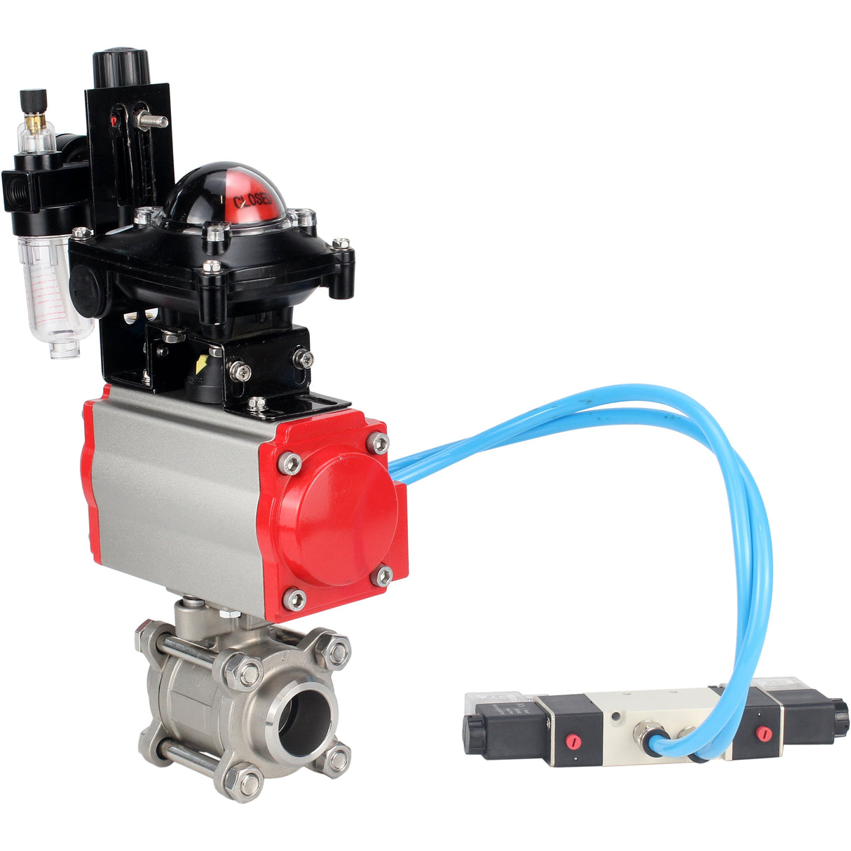 Kugelhähne Elephant BV3232P(3pc)-FP-W-ISO-H 16 bar/25, Vollbohrung zum Schweißen, Edelstahl SS316, Dichtung - PTFE, mit doppeltwirkendem PA-DA Pneumatik-Antrieb, mit Pneumatikverteiler 4V320-10 220V, mit LSU APL-210N, mit ATU AFC2000