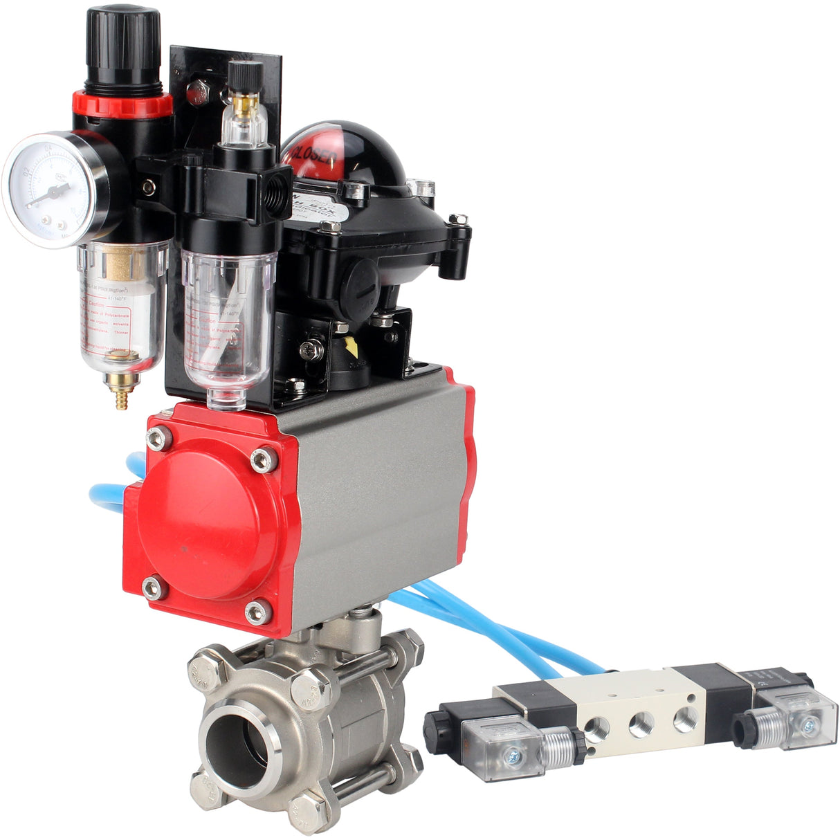 Kugelhähne Elephant BV3232P(3pc)-FP-W-ISO-H 16 bar/25, Vollbohrung zum Schweißen, Edelstahl SS316, Dichtung - PTFE, mit doppeltwirkendem PA-DA Pneumatik-Antrieb, mit Pneumatikverteiler 4V320-10 220V, mit LSU APL-210N, mit ATU AFC2000