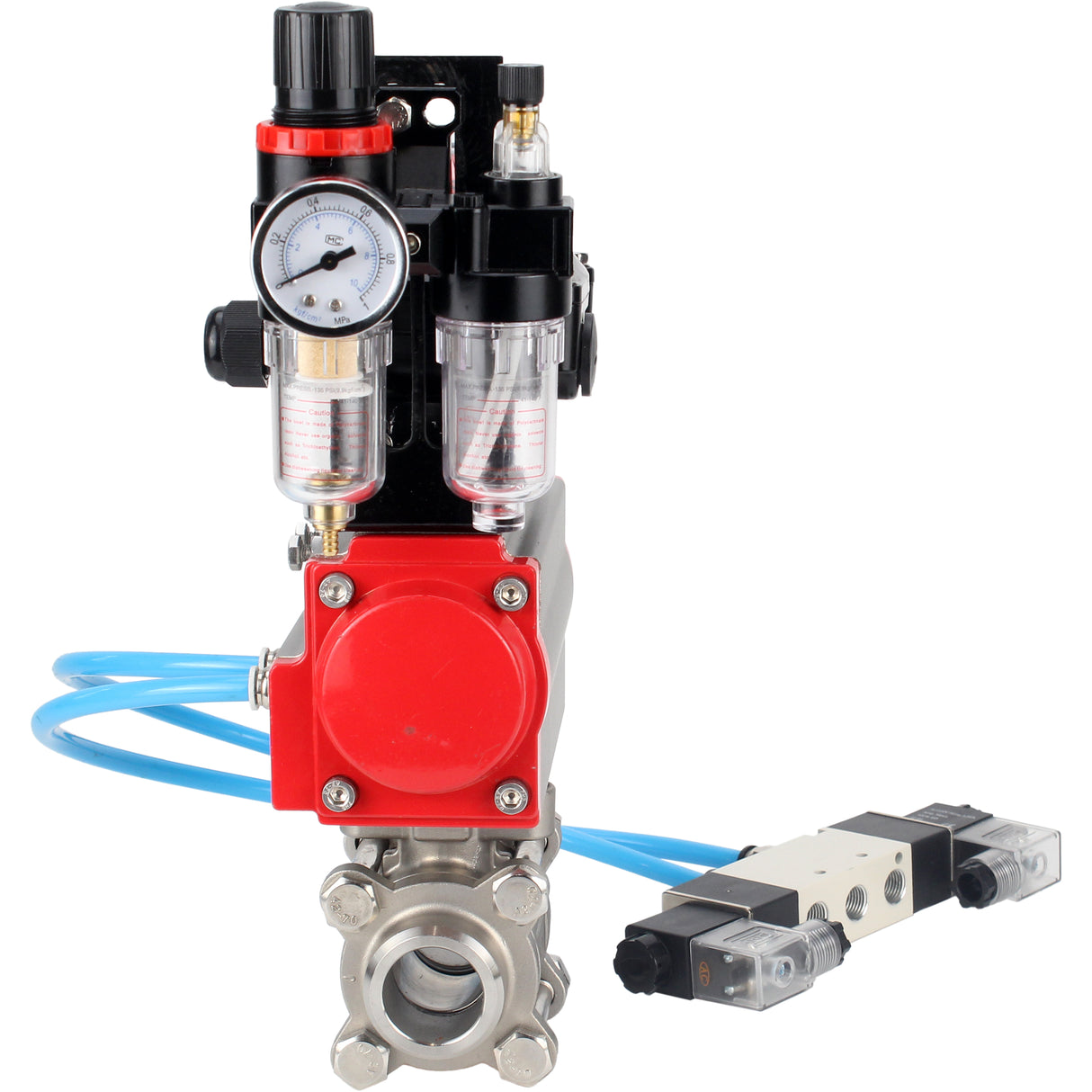 Kugelhähne Elephant BV3232P(3pc)-FP-W-ISO-H 16 bar/25, Vollbohrung zum Schweißen, Edelstahl SS316, Dichtung - PTFE, mit doppeltwirkendem PA-DA Pneumatik-Antrieb, mit Pneumatikverteiler 4V320-08 220V, mit LSU APL-210N, mit ATU AFC2000