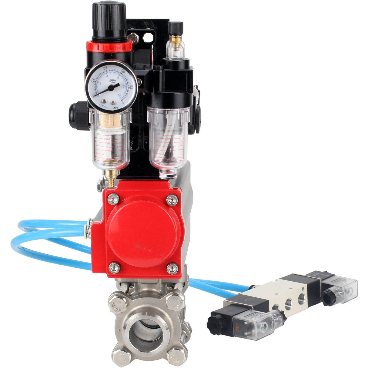 Kugelhähne Elephant BV3232P(3pc)-FP-W-ISO-H 16 bar/25, Vollbohrung zum Schweißen, Edelstahl SS316, Dichtung - PTFE, mit doppeltwirkendem PA-DA Pneumatik-Antrieb, mit Pneumatikverteiler 4V320-10 220V, mit LSU APL-210N, mit ATU AFC2000