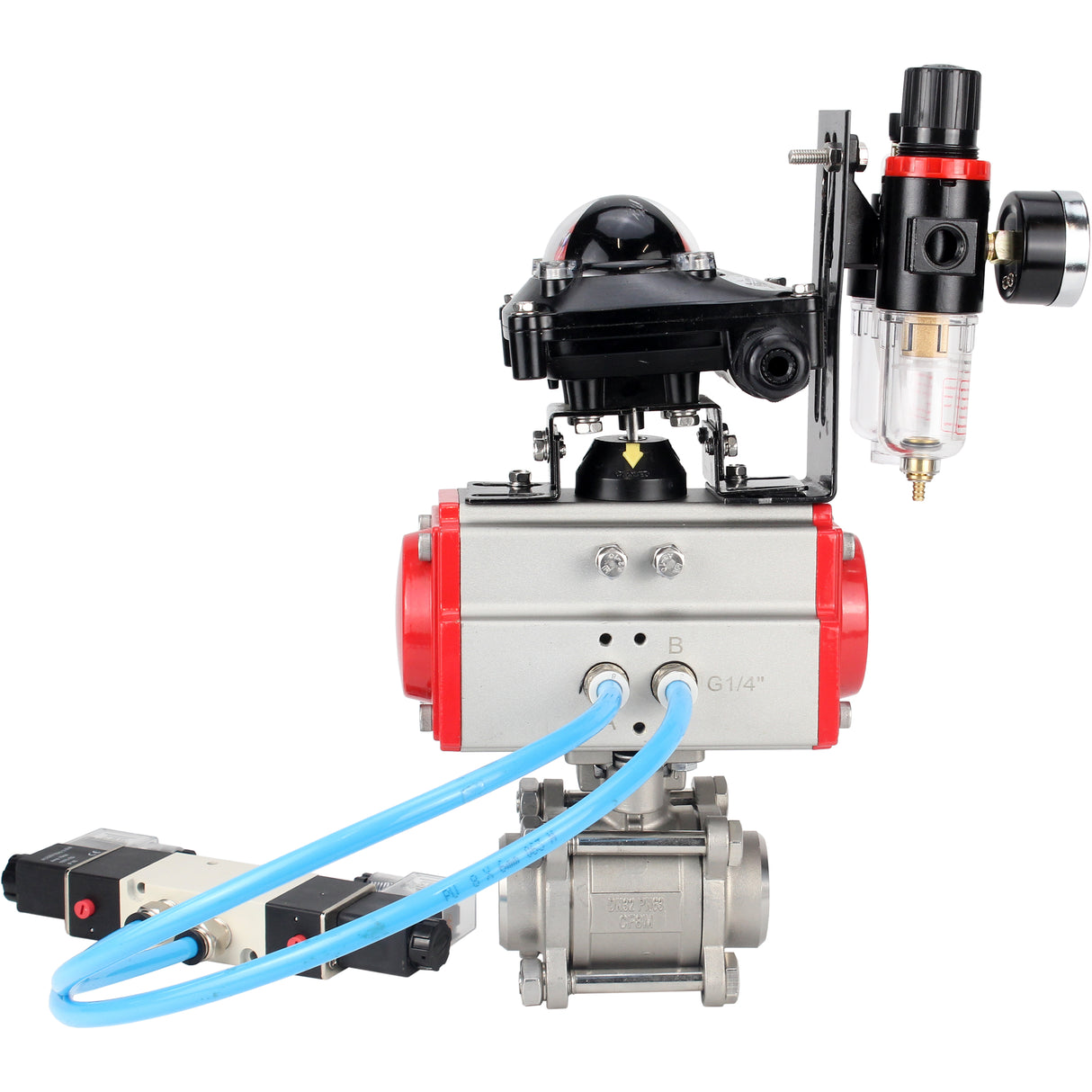 Kugelhähne Elephant BV3232P(3pc)-FP-W-ISO-H 16 bar/25, Vollbohrung zum Schweißen, Edelstahl SS316, Dichtung - PTFE, mit doppeltwirkendem PA-DA Pneumatik-Antrieb, mit Pneumatikverteiler 4V320-08 220V, mit LSU APL-210N, mit ATU AFC2000