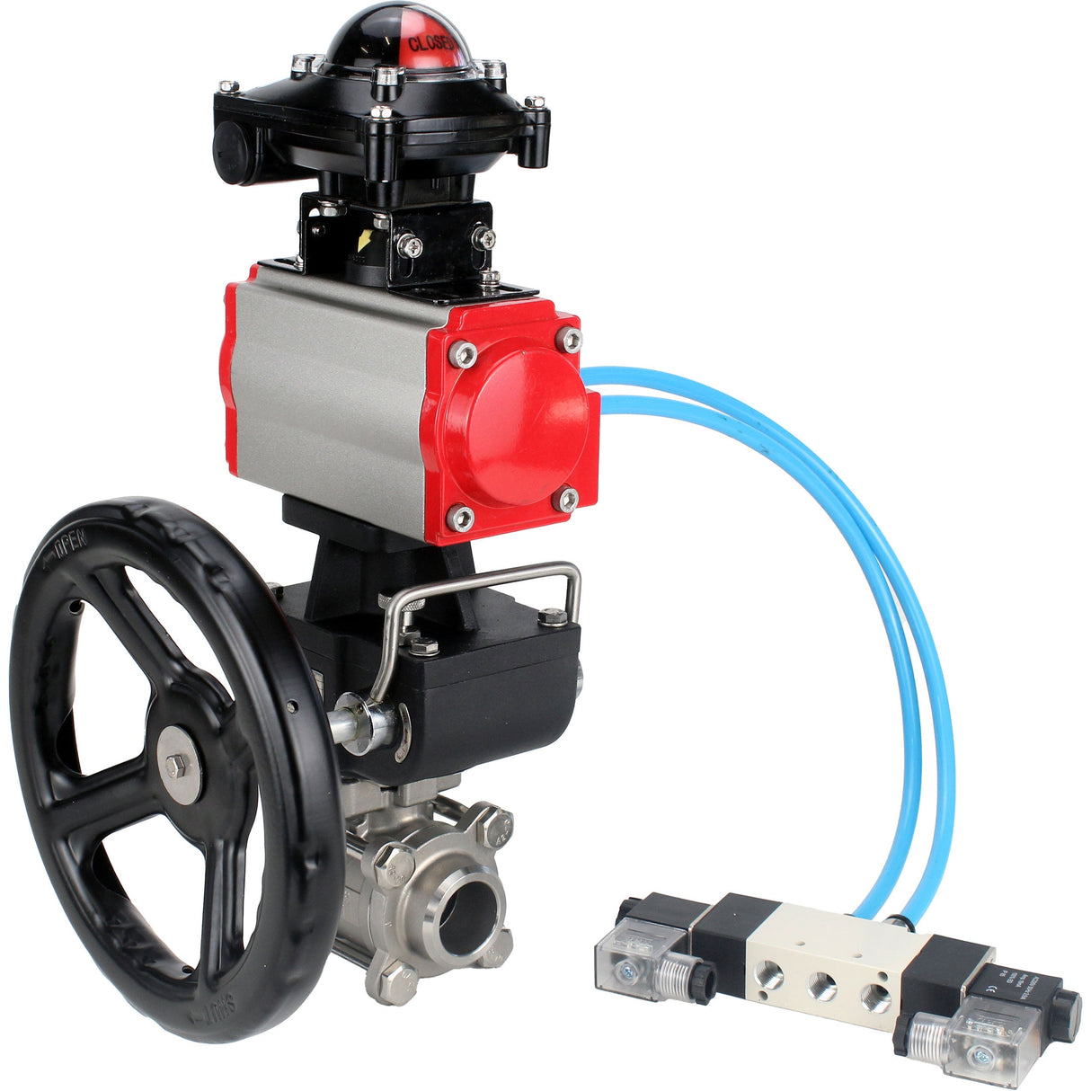 Kugelhähne Elephant BV3232P(3pc)-FP-W-ISO-H, Gehäusematerial - Edelstahl AISI 316, Dichtung - PTFE / PTFE / Teflon, mit pneumatischem Doppelwirkungsantrieb PA-DA, 4V320-10 220V, LSU APL-210N, Handrad MON