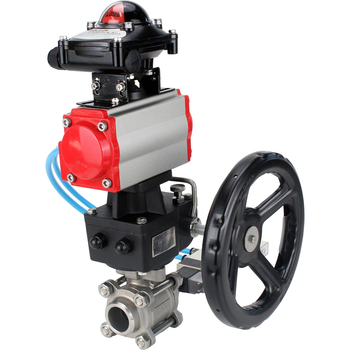 Kugelhähne Elephant BV3232P(3pc)-FP-W-ISO-H, Gehäusematerial - Edelstahl AISI 316, Dichtung - PTFE / PTFE / Teflon, mit pneumatischem Doppelwirkungsantrieb PA-DA, 4V320-10 220V, LSU APL-210N, Handrad MON