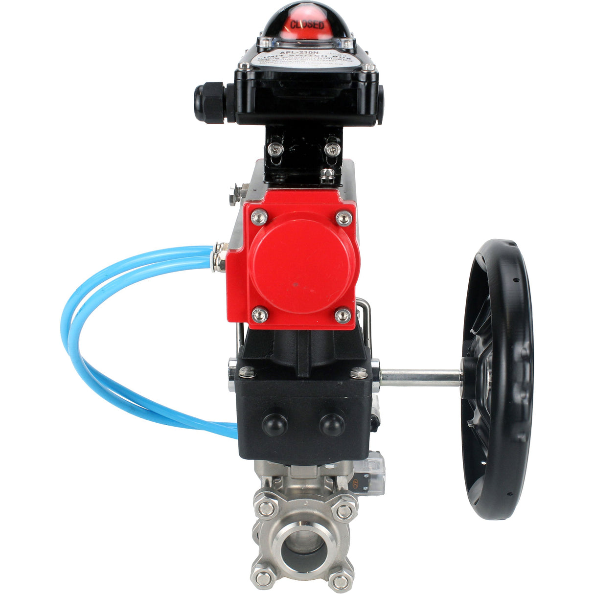 Kugelhähne Elephant BV3232P(3pc)-FP-W-ISO-H, Gehäusematerial - Edelstahl AISI 316, Dichtung - PTFE / PTFE / Teflon, mit pneumatischem Doppelwirkungsantrieb PA-DA, 4V320-10 220V, LSU APL-210N, Handrad MON