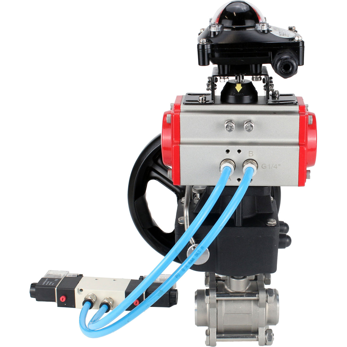 Kugelhähne Elephant BV3232P(3pc)-FP-W-ISO-H, Gehäusematerial - Edelstahl AISI 316, Dichtung - PTFE / PTFE / Teflon, mit pneumatischem Doppelwirkungsantrieb PA-DA, 4V320-10 220V, LSU APL-210N, Handrad MON