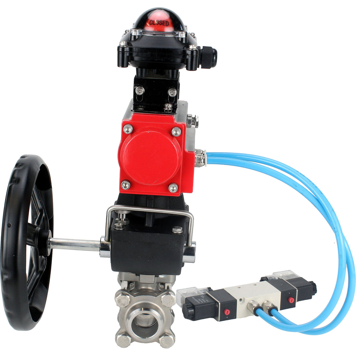 Kugelhähne Elephant BV3232P(3pc)-FP-W-ISO-H, Gehäusematerial - Edelstahl AISI 316, Dichtung - PTFE / PTFE / Teflon, mit pneumatischem Doppelwirkungsantrieb PA-DA, 4V320-10 220V, LSU APL-210N, Handrad MON