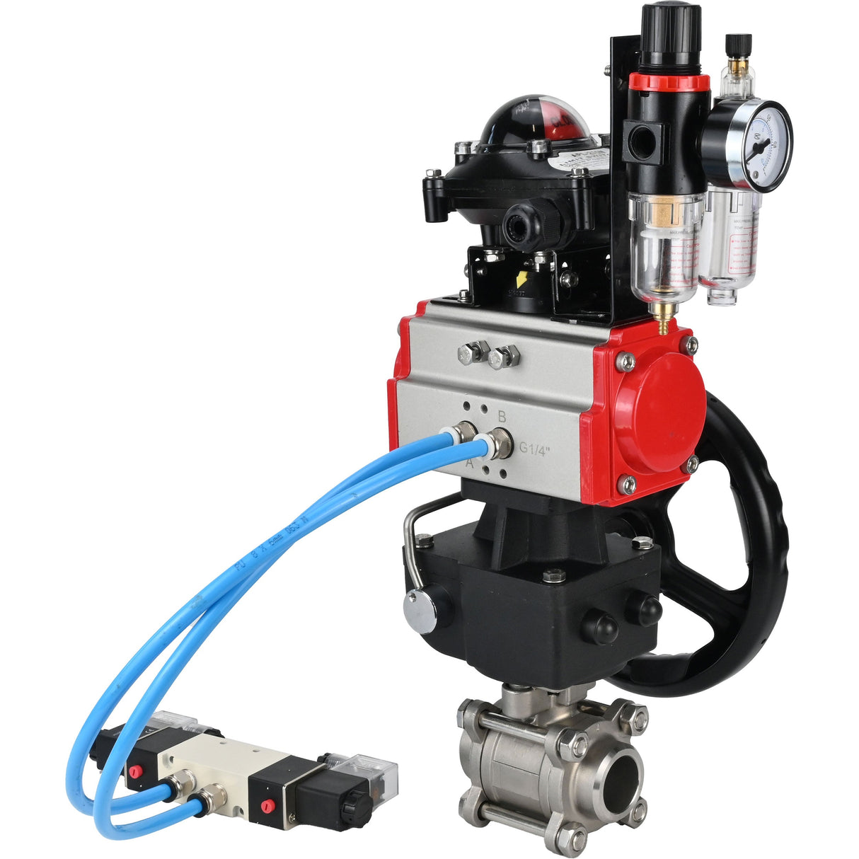 Kugelhähne Elephant BV3232P(3pc)-FP-W-ISO-H, Gehäusematerial - Edelstahl AISI 316, Dichtung - PTFE / PTFE / Teflon, mit pneumatischem Doppelwirkungsantrieb PA-DA, 4V320-10 220V, LSU APL-210N, Handrad MON, ATU AFC2000