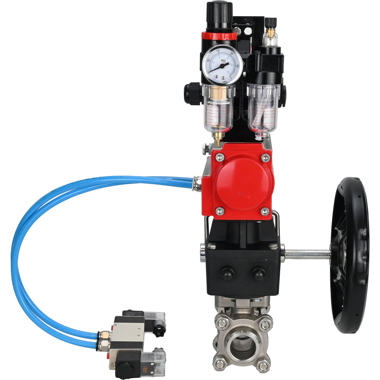 Kugelhähne Elephant BV3232P(3pc)-FP-W-ISO-H, Gehäusematerial - Edelstahl AISI 316, Dichtung - PTFE / PTFE / Teflon, mit pneumatischem Doppelwirkungsantrieb PA-DA, 4V320-10 220V, LSU APL-210N, Handrad MON, ATU AFC2000