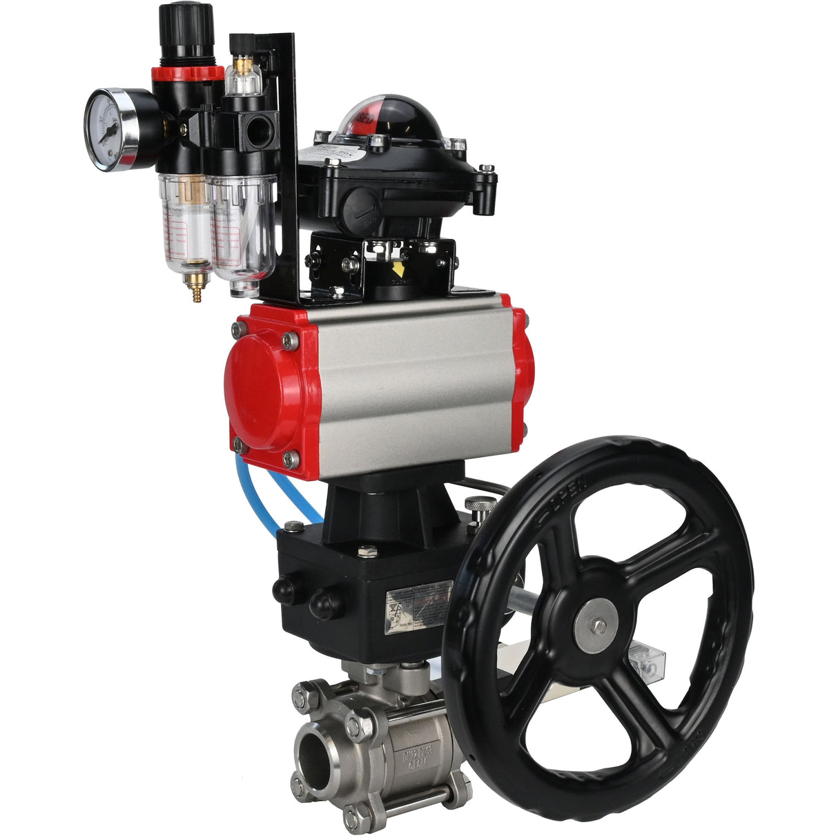 Kugelhähne Elephant BV3232P(3pc)-FP-W-ISO-H, Gehäusematerial - Edelstahl AISI 316, Dichtung - PTFE / PTFE / Teflon, mit pneumatischem Doppelwirkungsantrieb PA-DA, 4V320-10 220V, LSU APL-210N, Handrad MON, ATU AFC2000