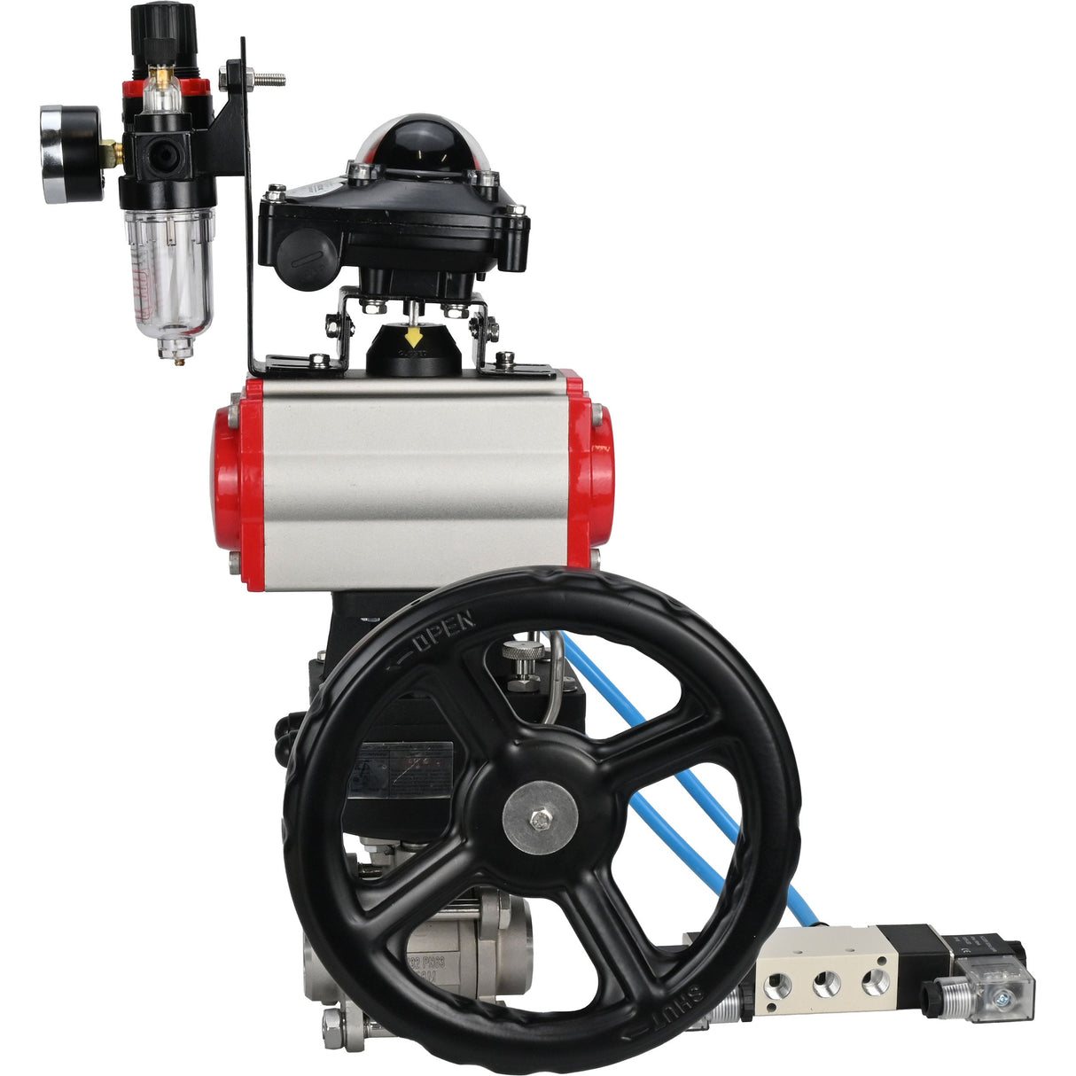 Kugelhähne Elephant BV3232P(3pc)-FP-W-ISO-H, Gehäusematerial - Edelstahl AISI 316, Dichtung - PTFE / PTFE / Teflon, mit pneumatischem Doppelwirkungsantrieb PA-DA, 4V320-10 220V, LSU APL-210N, Handrad MON, ATU AFC2000