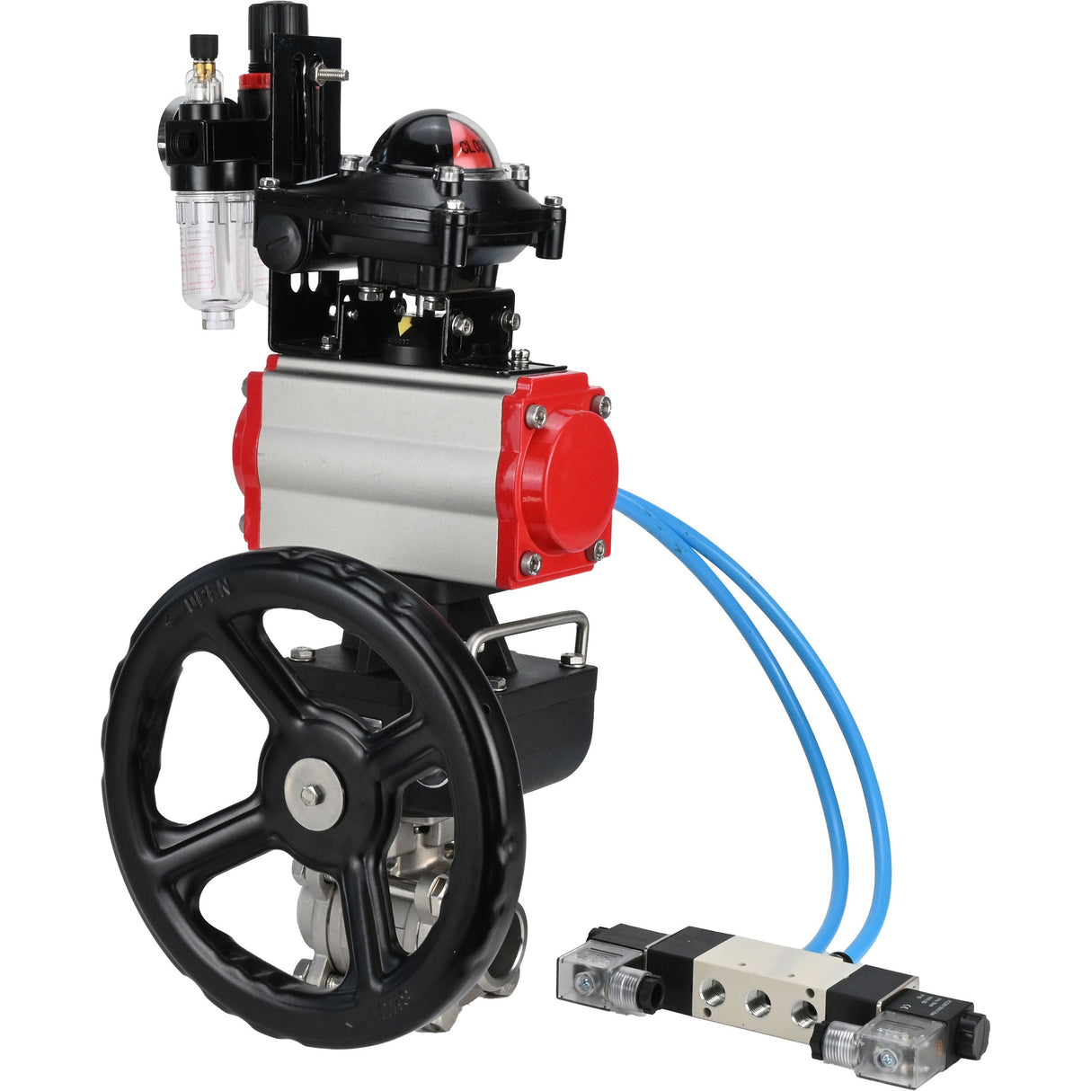 Kugelhähne Elephant BV3232P(3pc)-FP-W-ISO-H, Gehäusematerial - Edelstahl AISI 316, Dichtung - PTFE / PTFE / Teflon, mit pneumatischem Doppelwirkungsantrieb PA-DA, 4V320-10 220V, LSU APL-210N, Handrad MON, ATU AFC2000