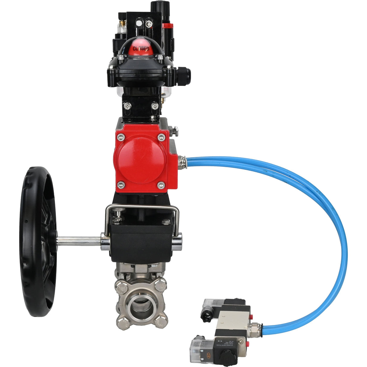 Kugelhähne Elephant BV3232P(3pc)-FP-W-ISO-H, Gehäusematerial - Edelstahl AISI 316, Dichtung - PTFE / PTFE / Teflon, mit pneumatischem Doppelwirkungsantrieb PA-DA, 4V320-10 220V, LSU APL-210N, Handrad MON, ATU AFC2000