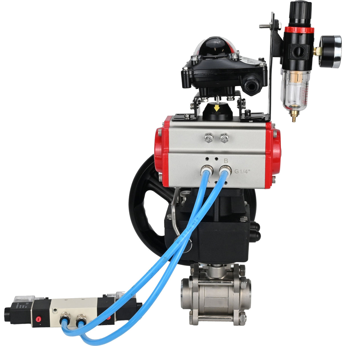 Kugelhähne Elephant BV3232P(3pc)-FP-W-ISO-H, Gehäusematerial - Edelstahl AISI 316, Dichtung - PTFE / PTFE / Teflon, mit pneumatischem Doppelwirkungsantrieb PA-DA, 4V320-10 220V, LSU APL-210N, Handrad MON, ATU AFC2000