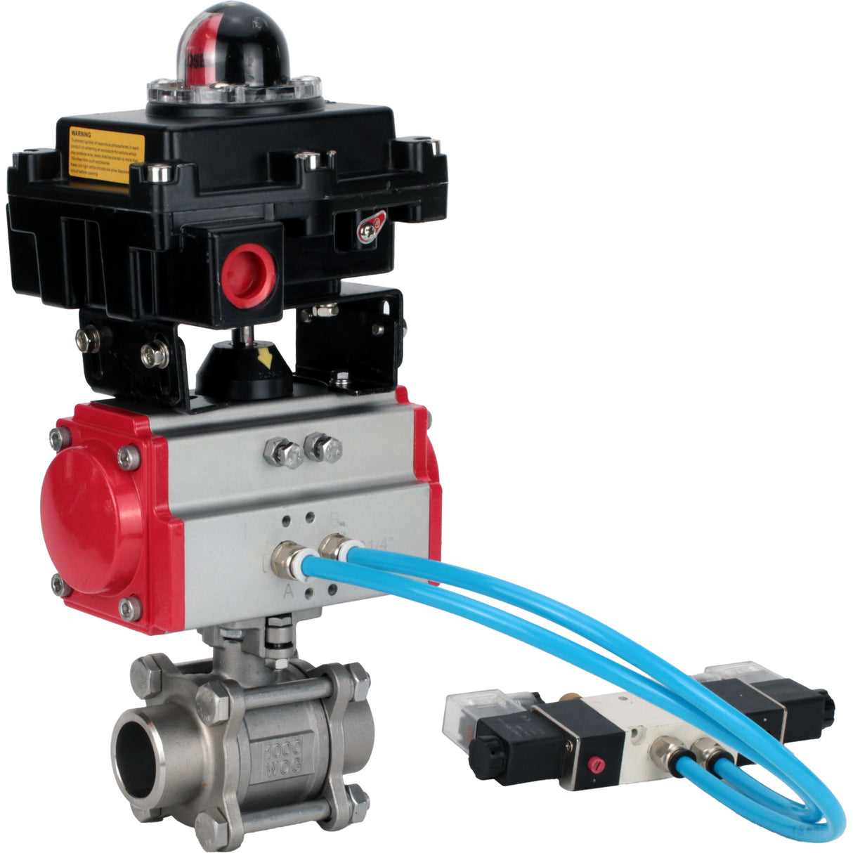 Kugelhähne Elephant BV3232P(3pc)-FP-W-ISO-H 16 bar/25, voller Durchgang zum Schweißen, Edelstahl SS316, Dichtung - PTFE, mit doppeltwirkendem PA-DA Pneumatik-Antrieb, mit Pneumatikverteiler 4V320-08 220V, mit LSU APL-410N EX