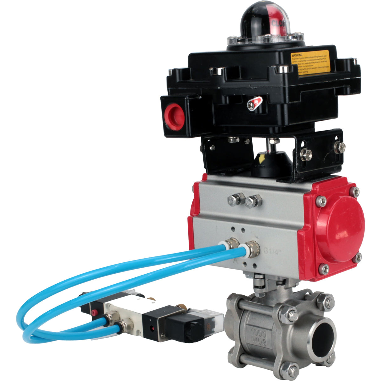 Kugelhähne Elephant BV3232P(3pc)-FP-W-ISO-H 16 bar/25, voller Durchgang zum Schweißen, Edelstahl SS316, Dichtung - PTFE, mit doppeltwirkendem PA-DA Pneumatik-Antrieb, mit Pneumatikverteiler 4V320-08 220V, mit LSU APL-410N EX