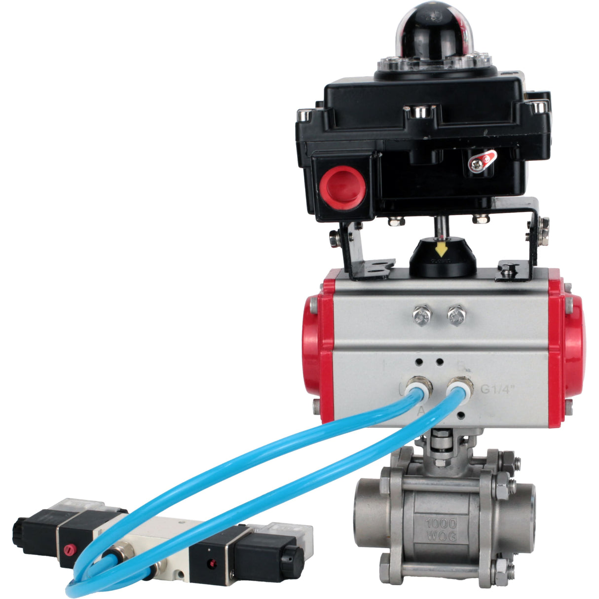 Kugelhähne Elephant BV3232P(3pc)-FP-W-ISO-H 16 bar/25, voller Durchgang zum Schweißen, Edelstahl SS316, Dichtung - PTFE, mit doppeltwirkendem PA-DA Pneumatik-Antrieb, mit Pneumatikverteiler 4V320-08 220V, mit LSU APL-410N EX