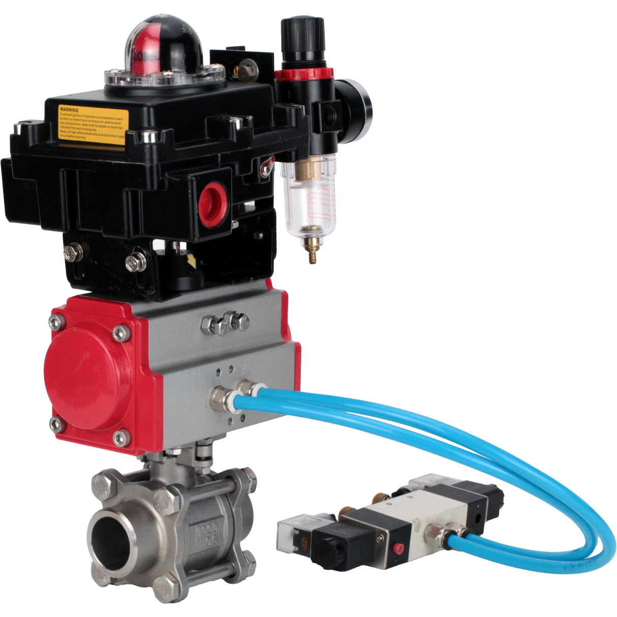 Kugelhähne Elephant BV3232P(3pc)-FP-W-ISO-H 16 bar/25, Vollbohrung zum Schweißen, Edelstahl SS316, Dichtung - PTFE, mit doppeltwirkendem PA-DA Pneumatik-Antrieb, mit Pneumatikverteiler 4V320-08 220V, mit LSU APL-410N EX, mit ATU AFC2000