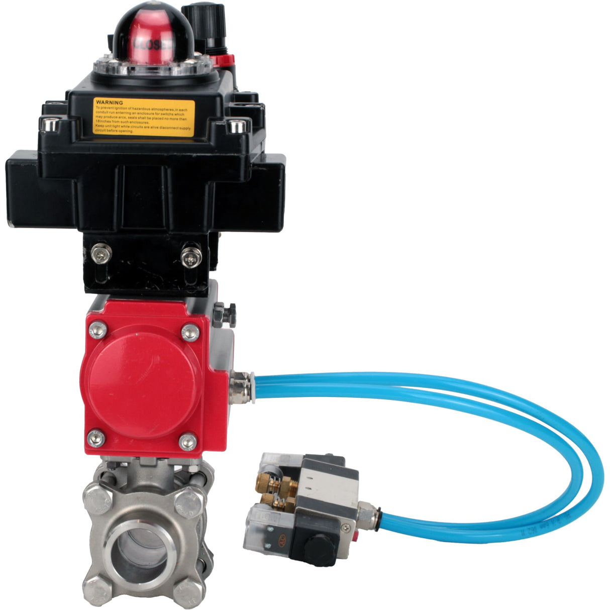 Kugelhähne Elephant BV3232P(3pc)-FP-W-ISO-H 16 bar/25, Vollbohrung zum Schweißen, Edelstahl SS316, Dichtung - PTFE, mit doppeltwirkendem PA-DA Pneumatik-Antrieb, mit Pneumatikverteiler 4V320-08 220V, mit LSU APL-410N EX, mit ATU AFC2000