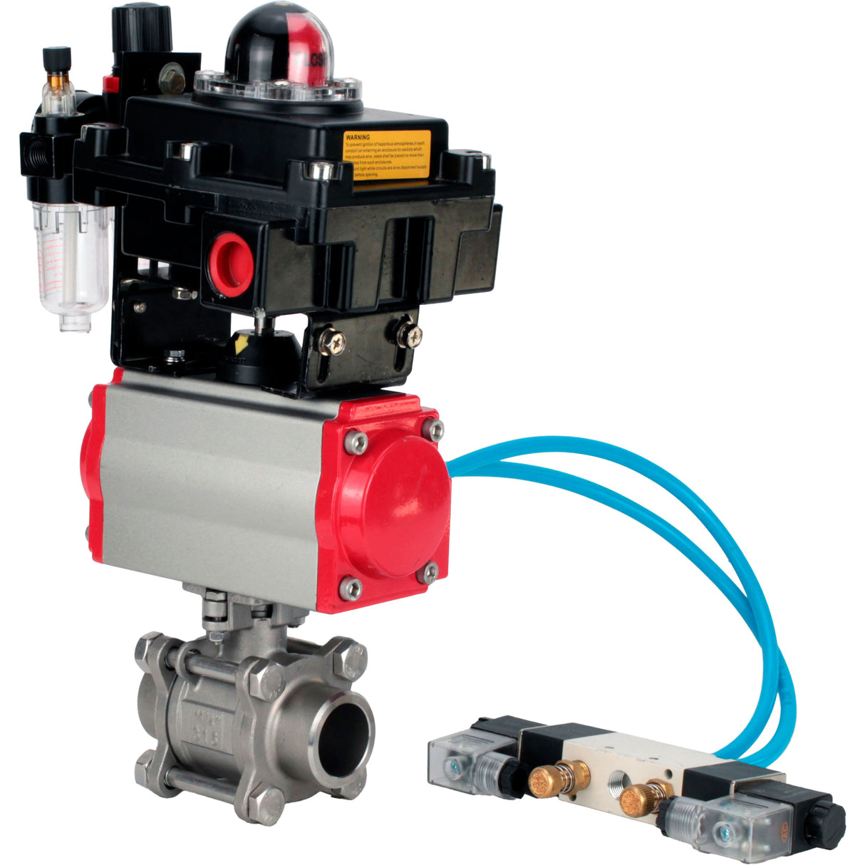 Kugelhähne Elephant BV3232P(3pc)-FP-W-ISO-H 16 bar/25, Vollbohrung zum Schweißen, Edelstahl SS316, Dichtung - PTFE, mit doppeltwirkendem PA-DA Pneumatik-Antrieb, mit Pneumatikverteiler 4V320-08 220V, mit LSU APL-410N EX, mit ATU AFC2000