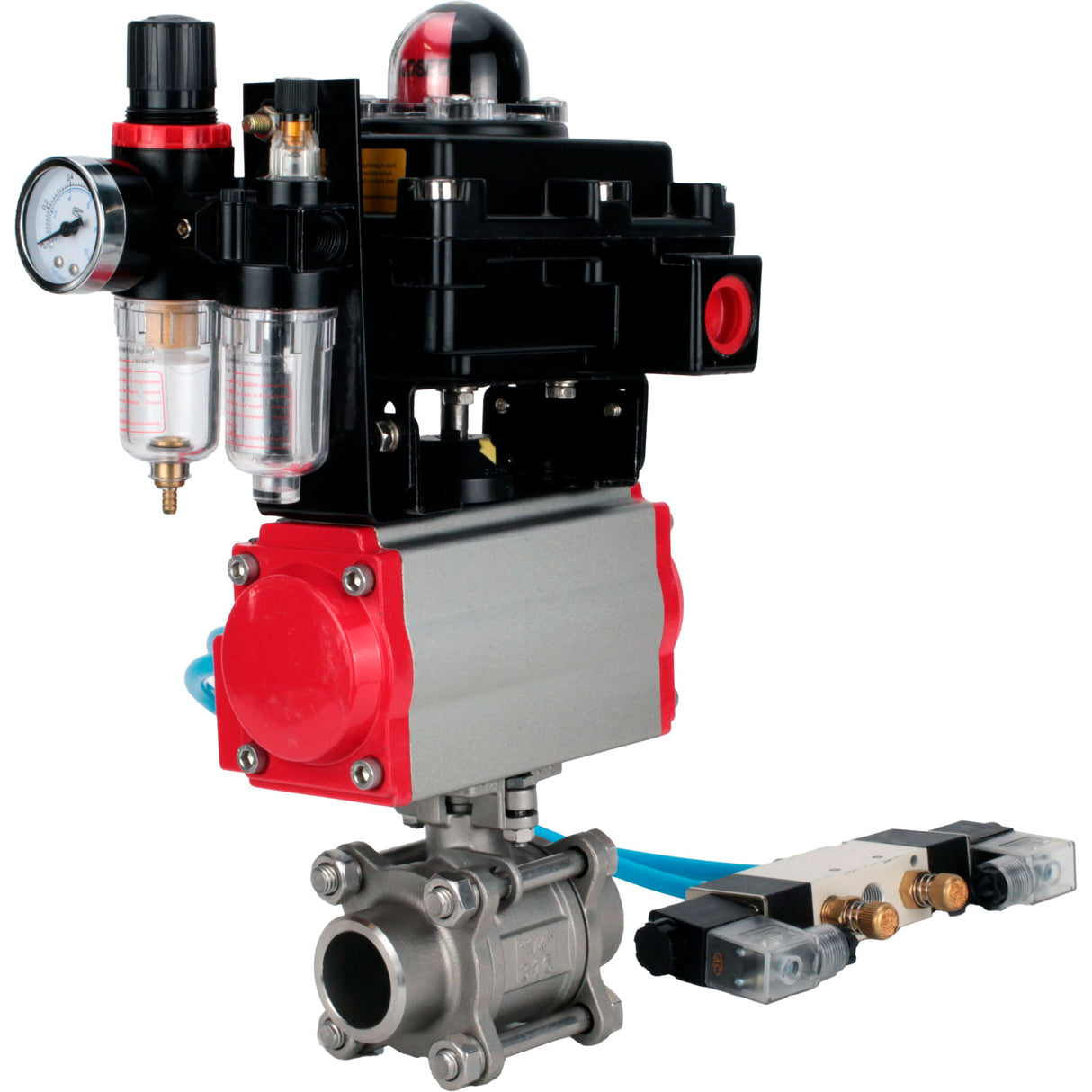 Kugelhähne Elephant BV3232P(3pc)-FP-W-ISO-H 16 bar/25, Vollbohrung zum Schweißen, Edelstahl SS316, Dichtung - PTFE, mit doppeltwirkendem PA-DA Pneumatik-Antrieb, mit Pneumatikverteiler 4V320-08 220V, mit LSU APL-410N EX, mit ATU AFC2000