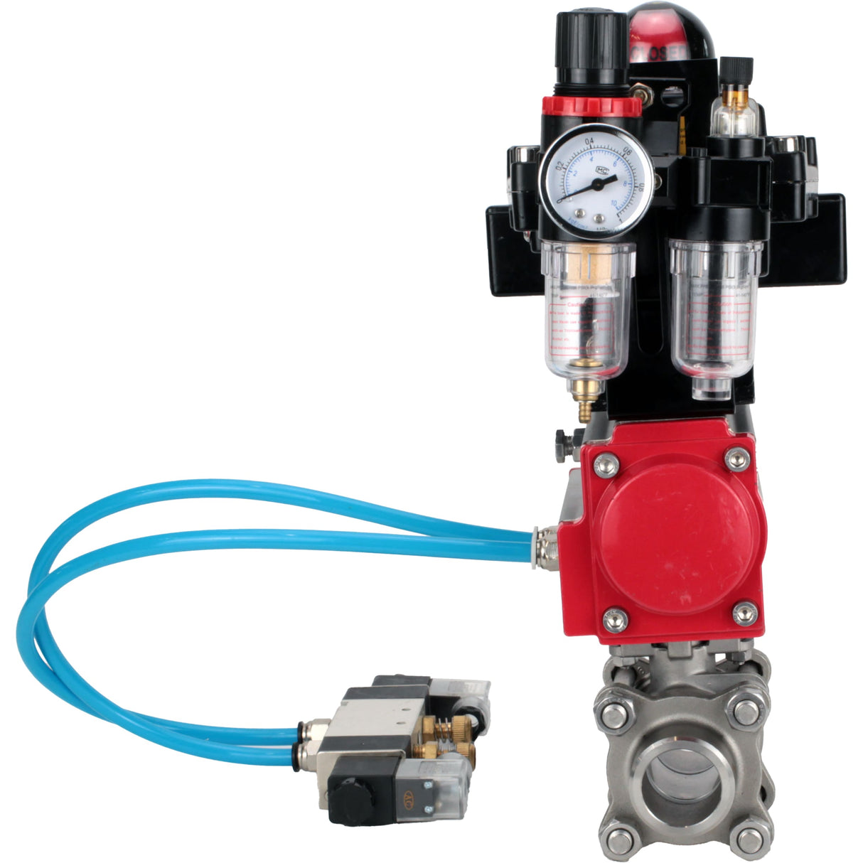 Kugelhähne Elephant BV3232P(3pc)-FP-W-ISO-H 16 bar/25, Vollbohrung zum Schweißen, Edelstahl SS316, Dichtung - PTFE, mit doppeltwirkendem PA-DA Pneumatik-Antrieb, mit Pneumatikverteiler 4V320-08 220V, mit LSU APL-410N EX, mit ATU AFC2000
