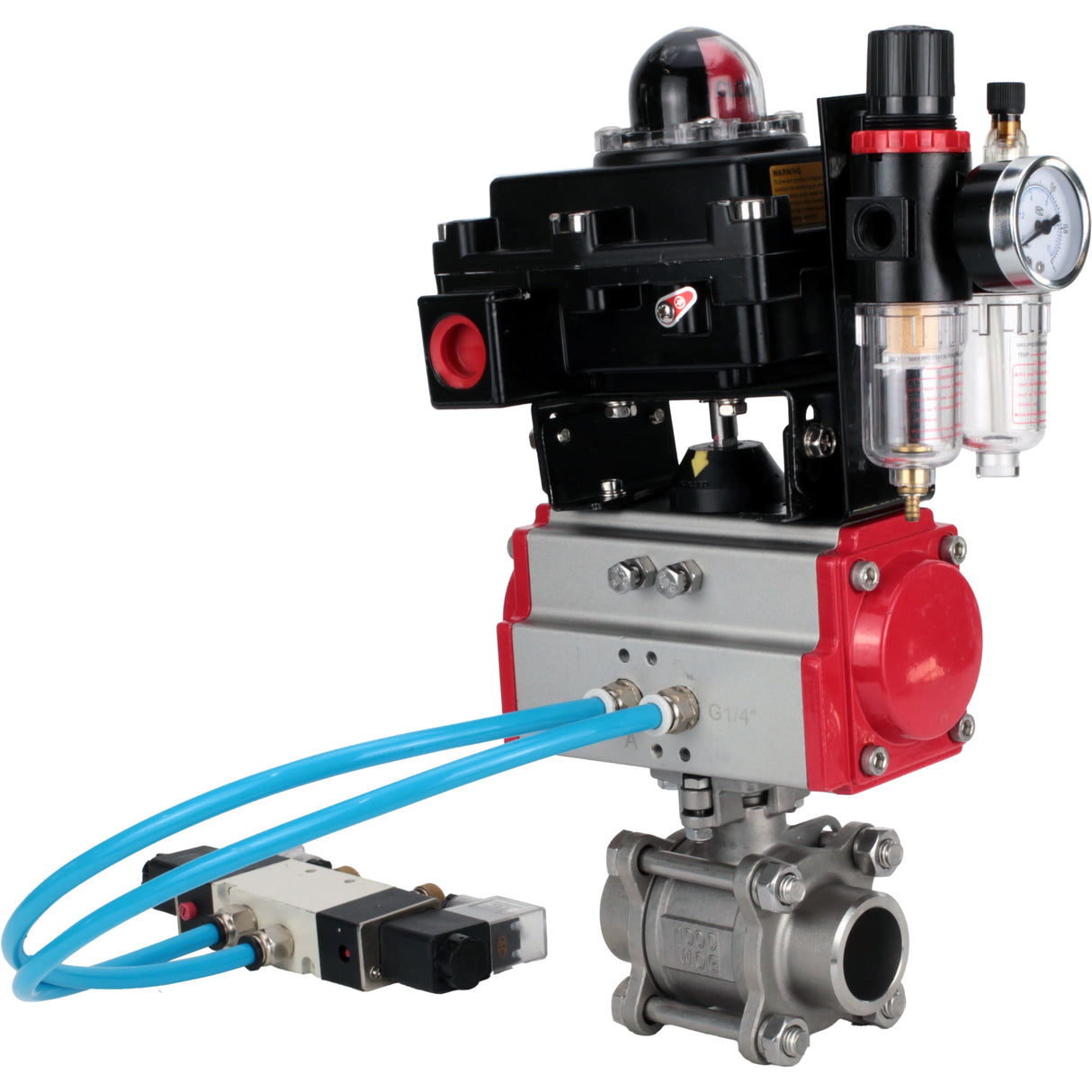 Kugelhähne Elephant BV3232P(3pc)-FP-W-ISO-H 16 bar/25, Vollbohrung zum Schweißen, Edelstahl SS316, Dichtung - PTFE, mit doppeltwirkendem PA-DA Pneumatik-Antrieb, mit Pneumatikverteiler 4V320-08 220V, mit LSU APL-410N EX, mit ATU AFC2000