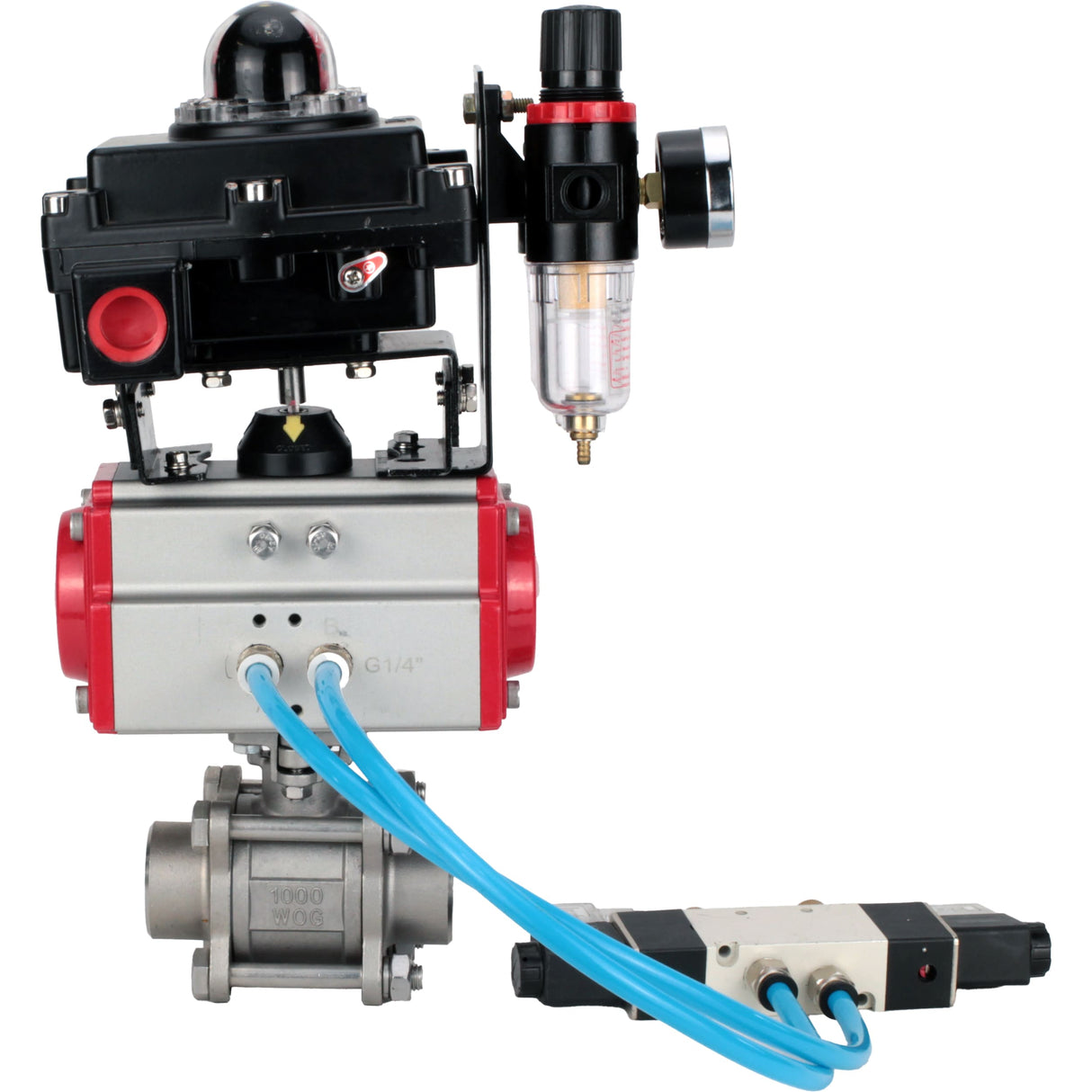 Kugelhähne Elephant BV3232P(3pc)-FP-W-ISO-H 16 bar/25, Vollbohrung zum Schweißen, Edelstahl SS316, Dichtung - PTFE, mit doppeltwirkendem PA-DA Pneumatik-Antrieb, mit Pneumatikverteiler 4V320-08 220V, mit LSU APL-410N EX, mit ATU AFC2000