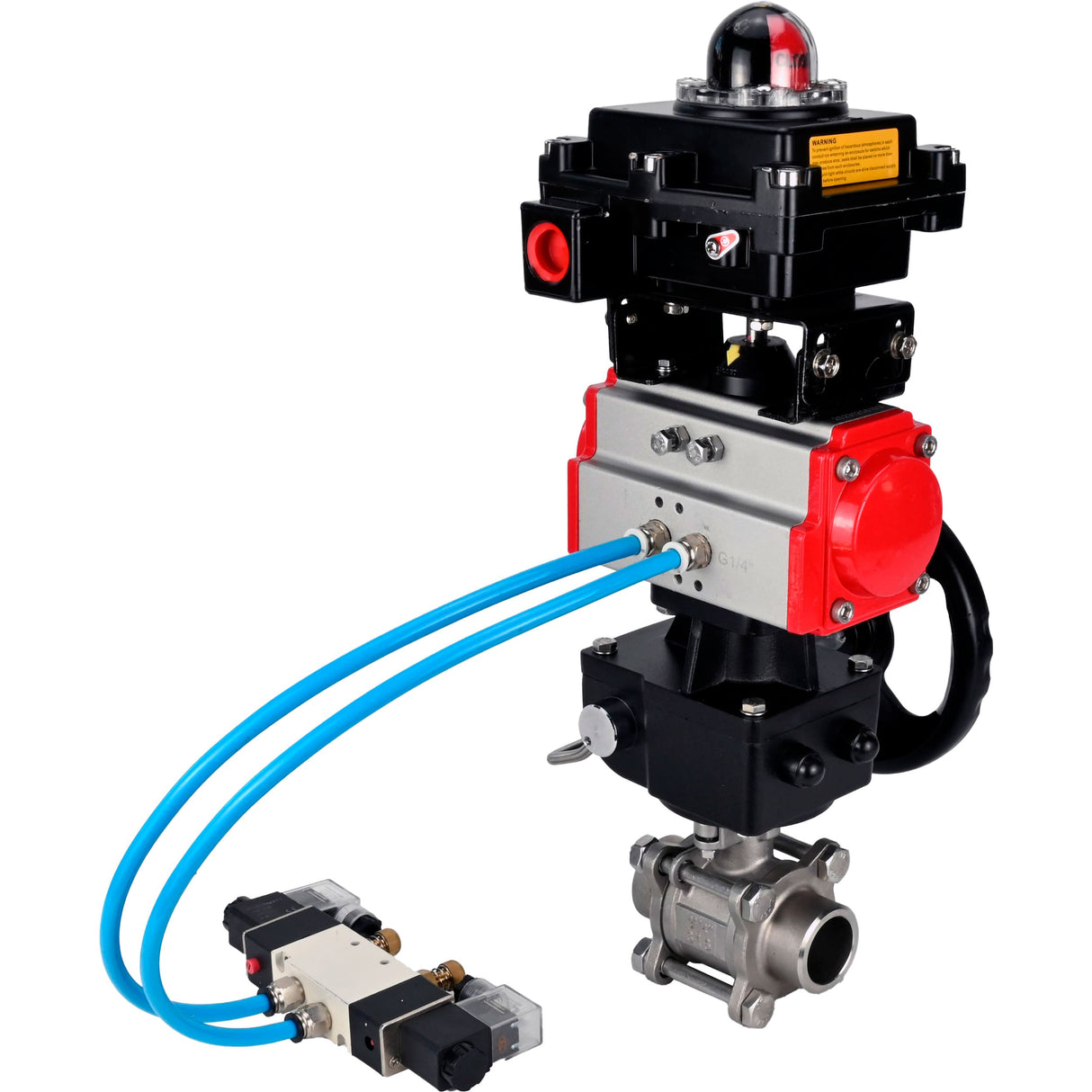Kugelhähne Elephant BV3232P(3pc)-FP-W-ISO-H DN10-50 16 bar/40, Vollbohrung zum Schweißen, Edelstahl SS316, PTFE, mit doppeltwirkendem PA-DA Pneumatik-Antrieb, mit Pneumatikverteiler 4V320-08 220V, mit LSU APL-410N EX, mit manuellem Doubler MON1-250-T